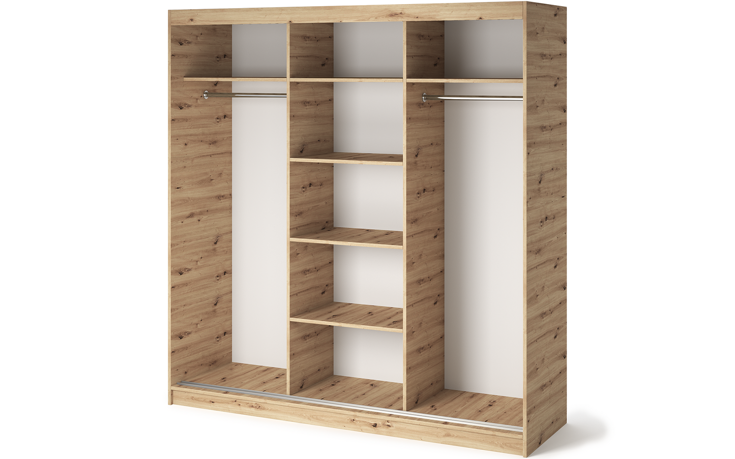 Wnętrze szafy przesuwnej Emerio III z drążkami i półkami, widok na całą przestrzeń do przechowywania i organizacji.