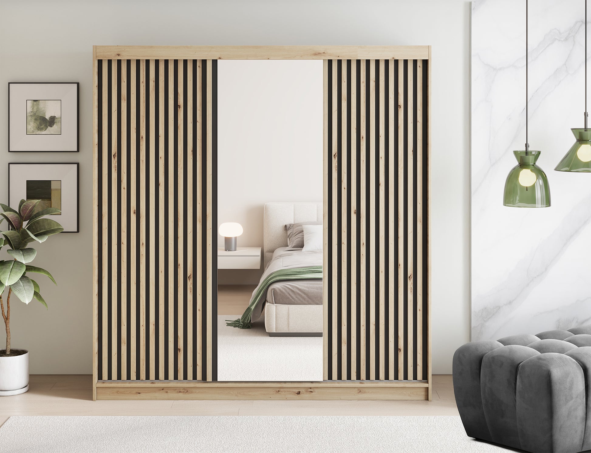 Szafa przesuwna Emerio III z lustrem pośrodku i lamelami na froncie, ustawiona w nowoczesnej sypialni z jasnym wystrojem.