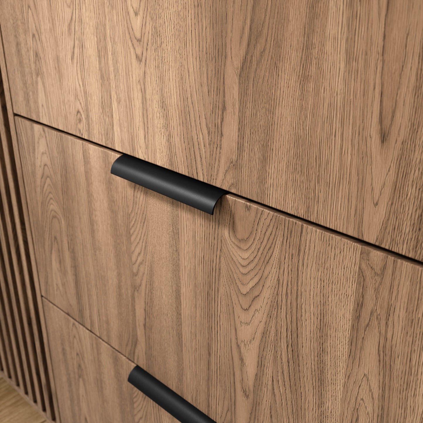 Detal frontu szafy Entsian – dąb artisan i krawędź ABS.