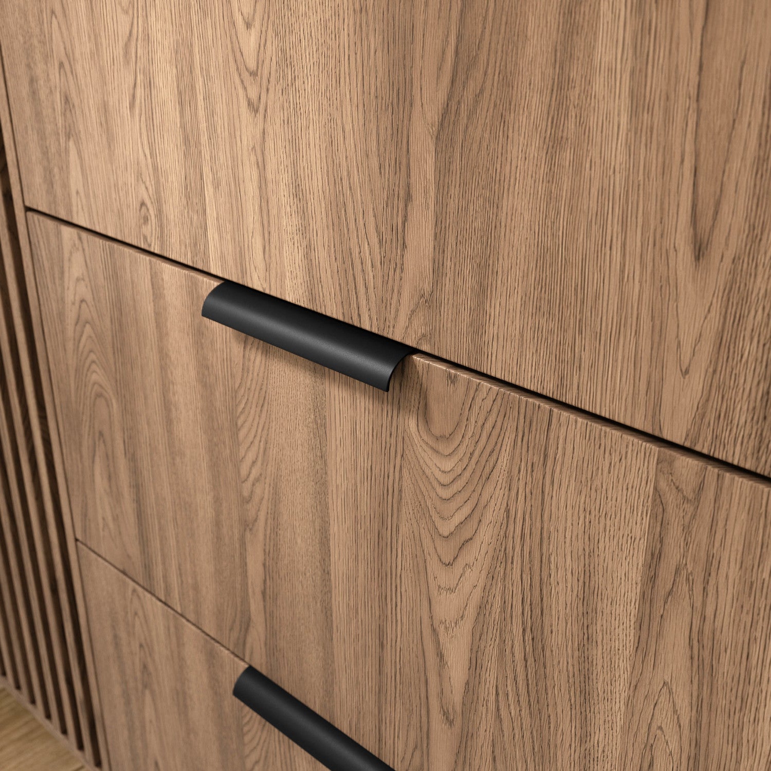 Detal frontu szafy Entsian – dąb artisan i krawędź ABS.