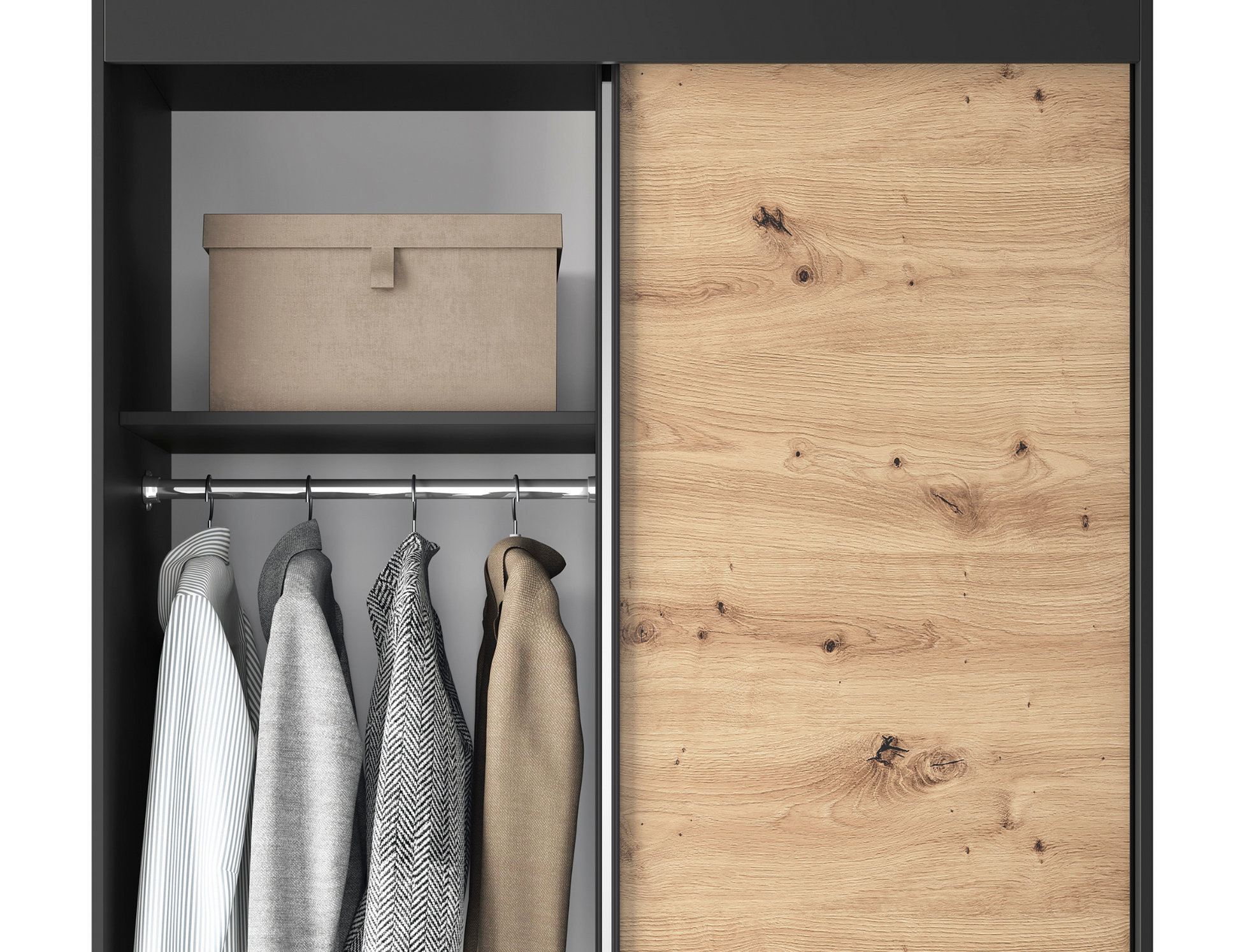 Wnętrze szafy Esville II z lustrem – praktyczny drążek na ubrania i półki, nowoczesny design w czerni i dąb artisan.