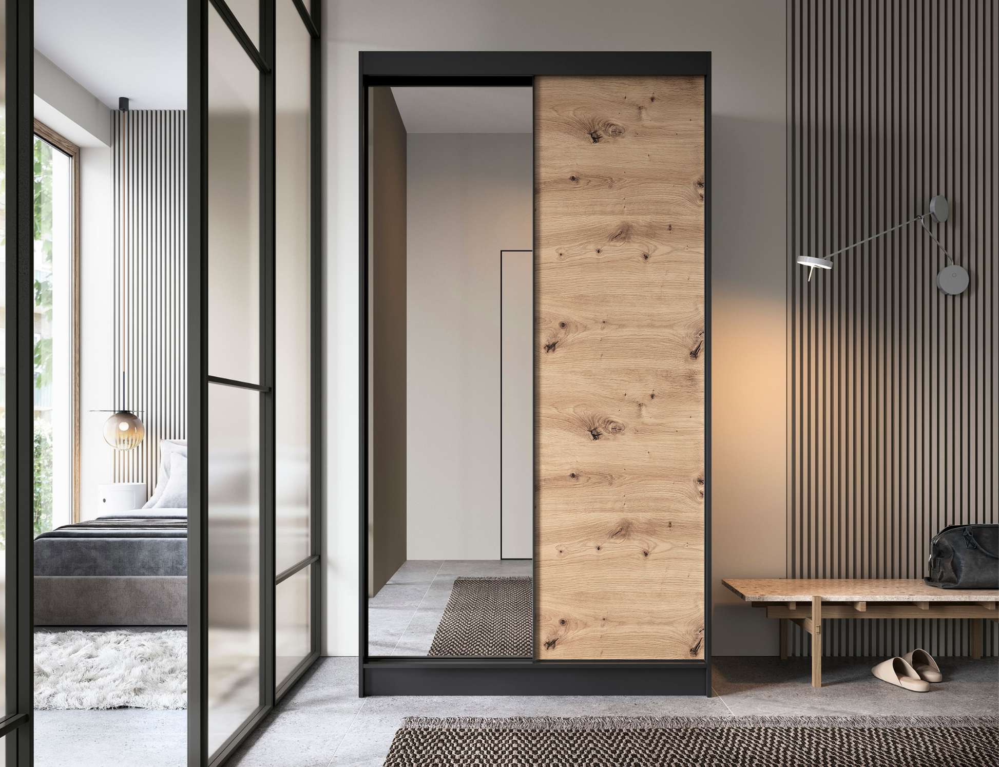 Szafa przesuwna Esville II z lustrem, połączenie czerni z dekorem dąb artisan, nowoczesny i praktyczny mebel.