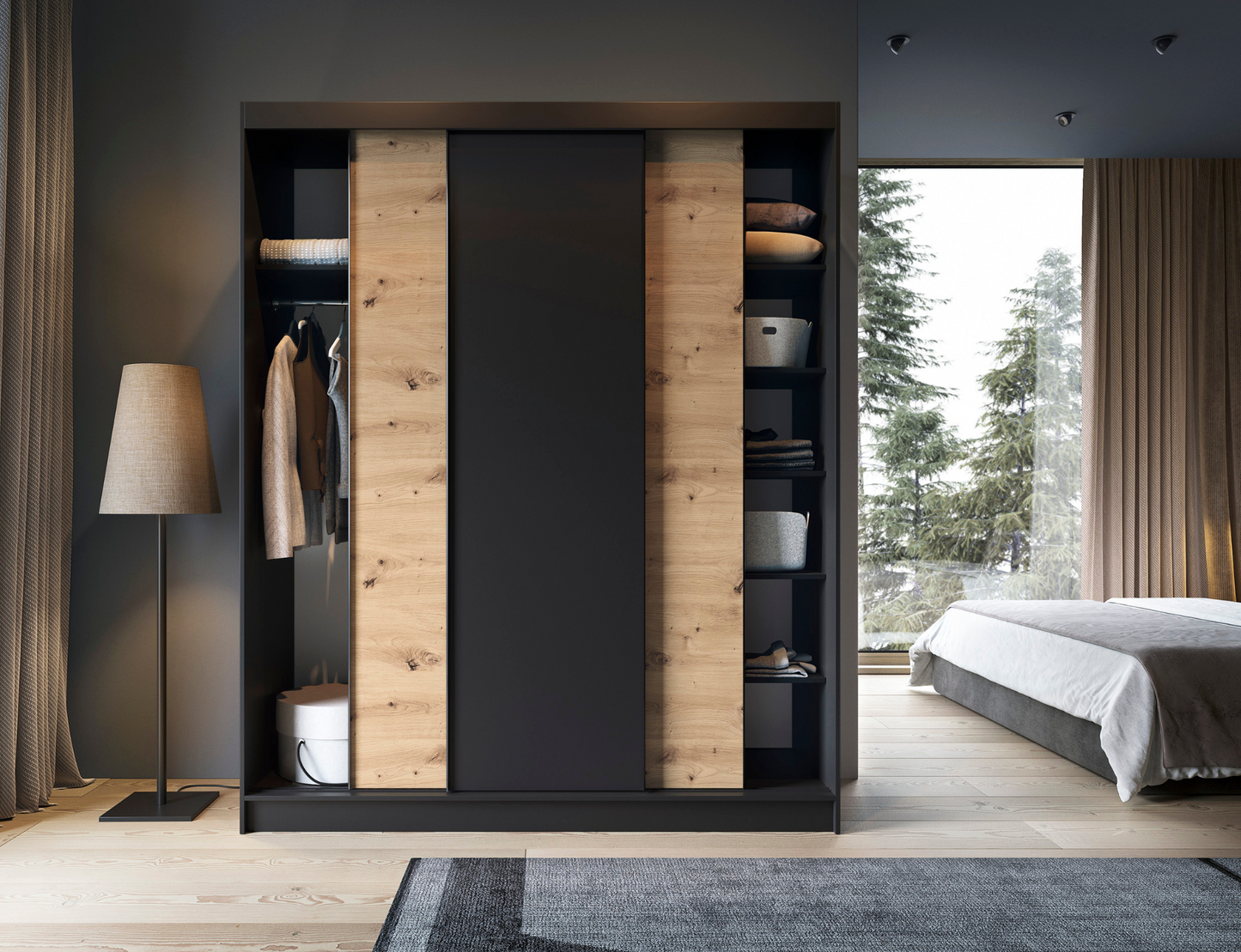 Otwarta szafa Esville III czarny dąb artisan z półkami i miejscem na ubrania. Praktyczna i nowoczesna do eleganckiej sypialni