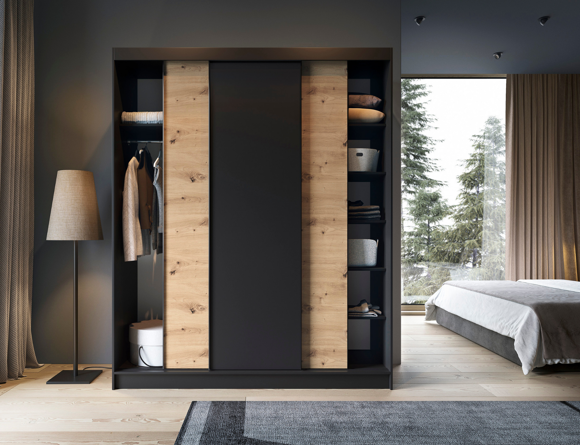 Otwarta szafa Esville III czarny dąb artisan z półkami i miejscem na ubrania. Praktyczna i nowoczesna do eleganckiej sypialni