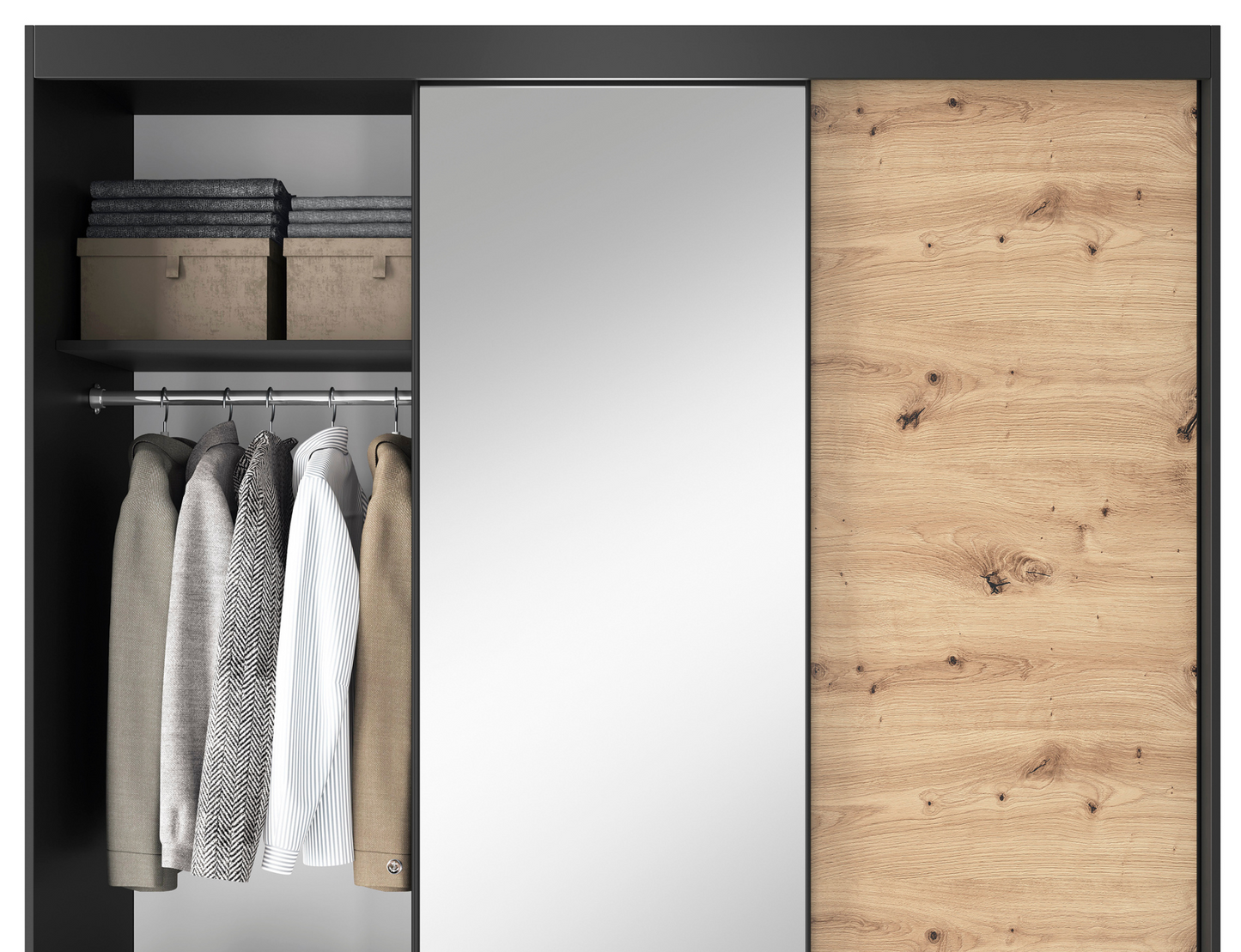 Wnętrze szafy Esville III z drążkiem na ubrania, półkami, wykończeniem w czarnym macie i dębie artisan z lustrem