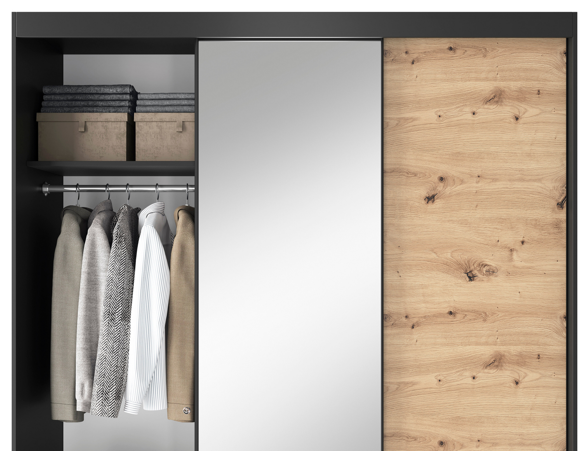 Wnętrze szafy Esville III z drążkiem na ubrania, półkami, wykończeniem w czarnym macie i dębie artisan z lustrem