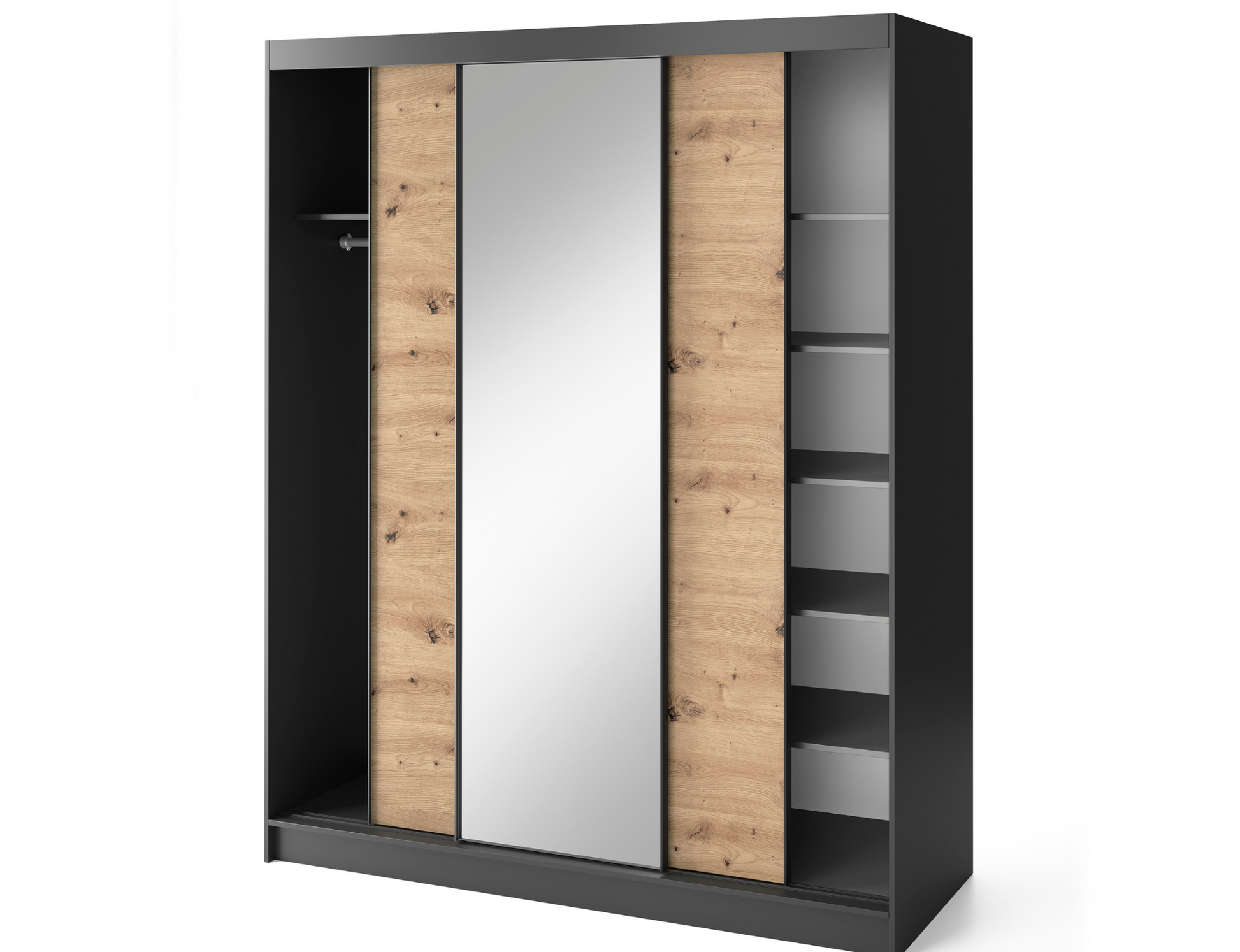 Czarna szafa Esville III z drzwiami przesuwnymi, wykończona dębem artisan i dużym lustrem, funkcjonalna i elegancka