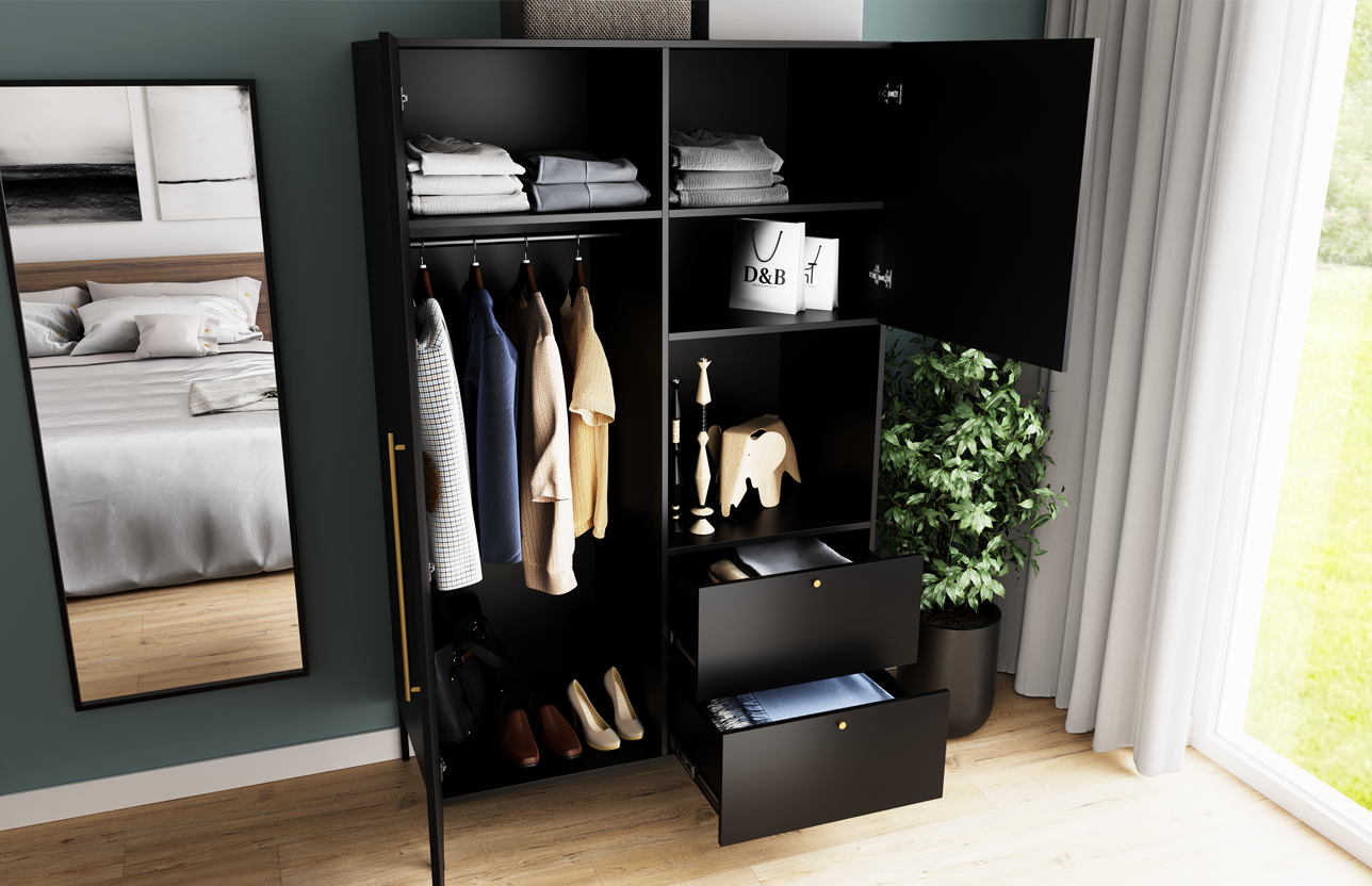 Otwarta szafa Lanzzi w czarnym macie z lewą częścią na wieszaki ubraniowe, prawą z kilkoma półkami oraz dwiema dolnymi szufladami, w jasnym, nowoczesnym wnętrzu.