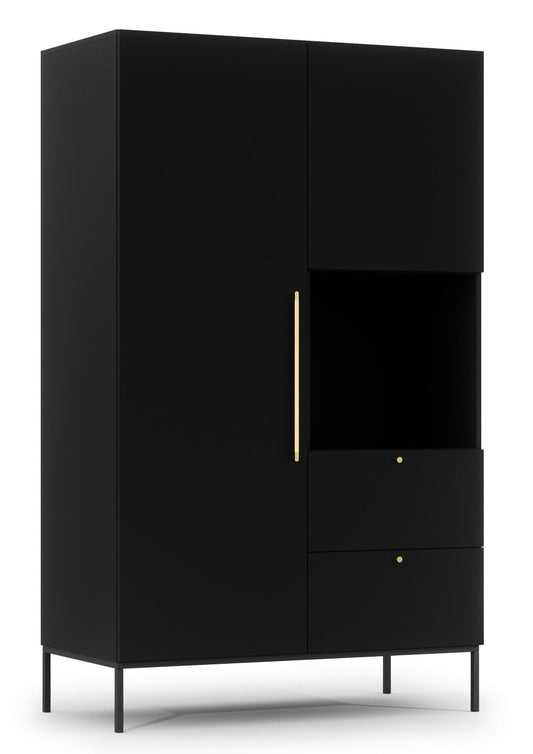 Szafa Lanzzi w czarnym macie na smukłych czarnych nóżkach, z lewej stronny pełnym frontem, z prawej górną półką i dwoma szufladami pod wnęką.