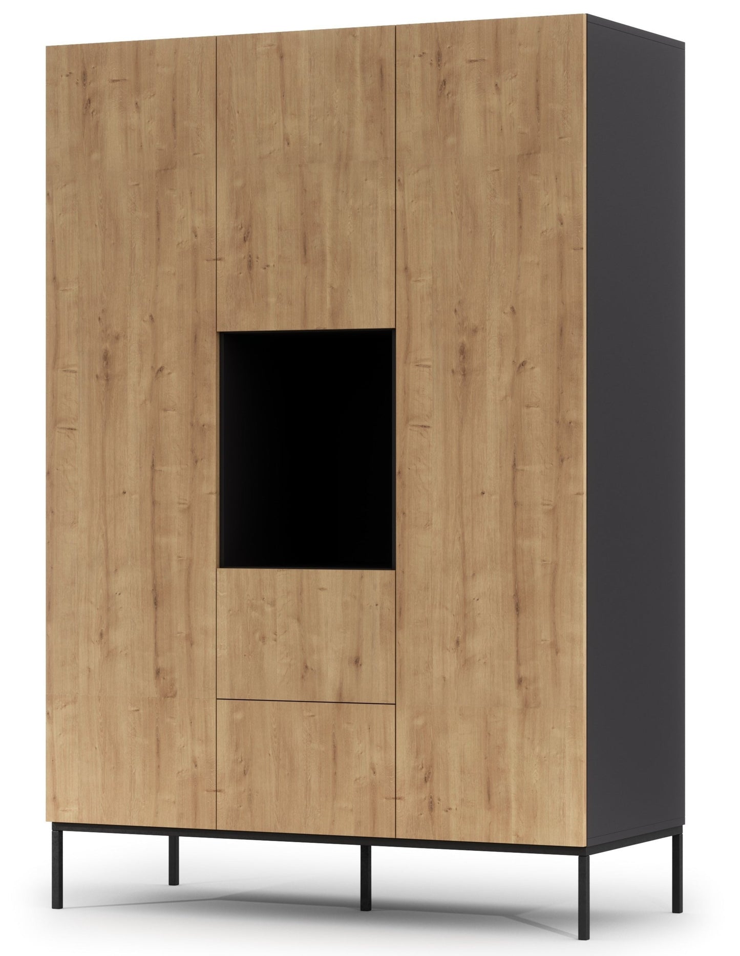 Szafa Lanzzi czarny mat/Dąb artisan na smukłych czarnych nogach, z trzema frontami z dębu, centralną otwartą wnęką oraz subtelną szufladą pod nią, łącząca nowoczesny minimalizm z naturalnym akcentem drewna.