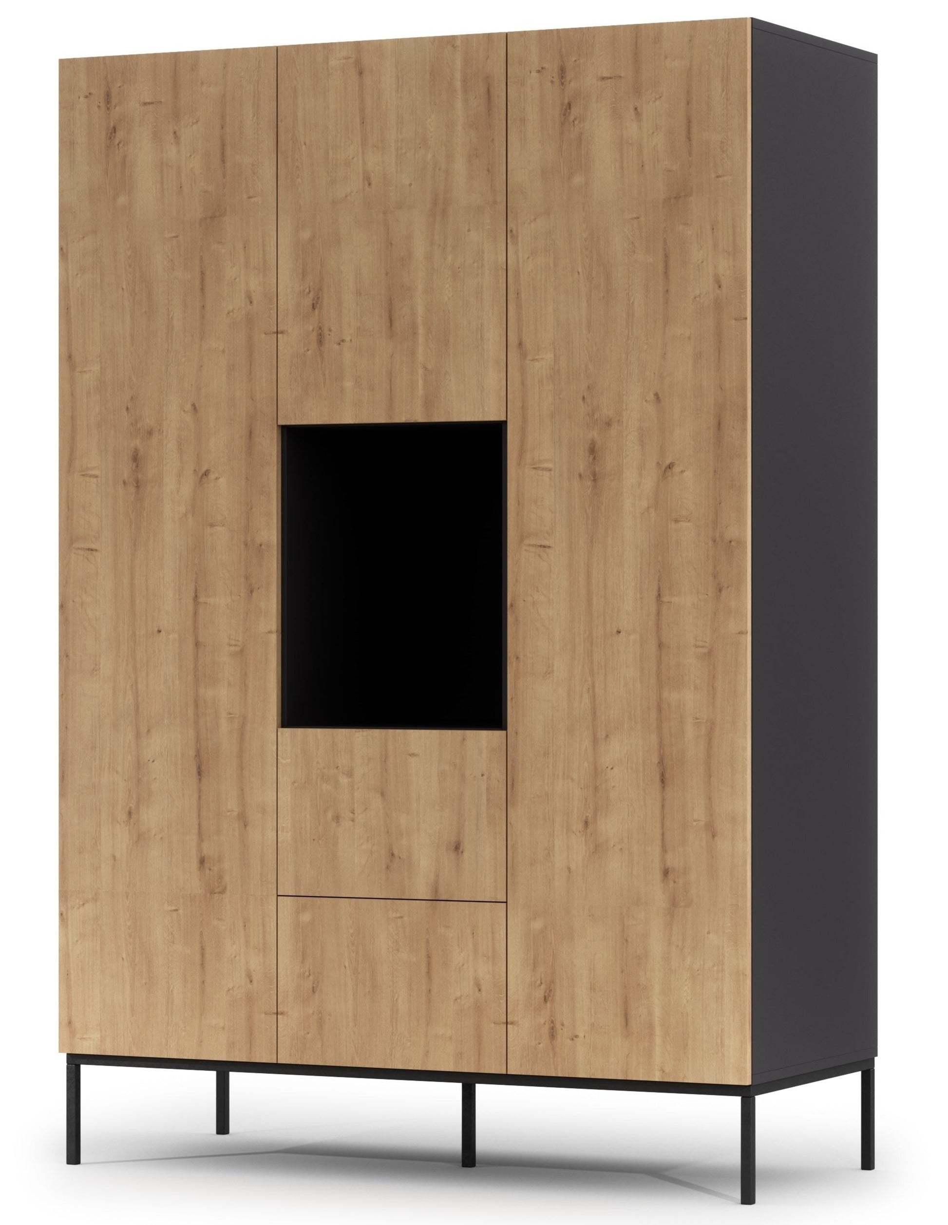 Szafa Lanzzi czarny mat/Dąb artisan na smukłych czarnych nogach, z trzema frontami z dębu, centralną otwartą wnęką oraz subtelną szufladą pod nią, łącząca nowoczesny minimalizm z naturalnym akcentem drewna.