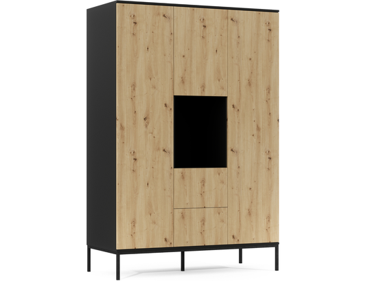 Szafa Lanzzi czarny mat / dąb artisan – widok pod kątem (skos), geometryczna forma i dekor drewna w nowoczesnym wydaniu.