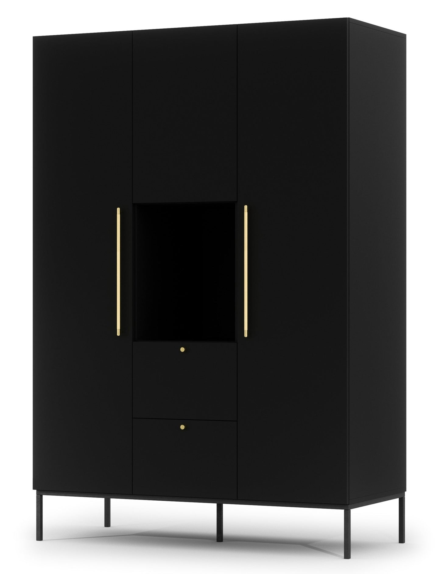 Szafa Lanzzi w czarnym macie na smukłych czarnych nogach, z trzema frontami drzwiowymi, centralną otwartą wnęką i dwiema subtelnymi szufladami pod nią.