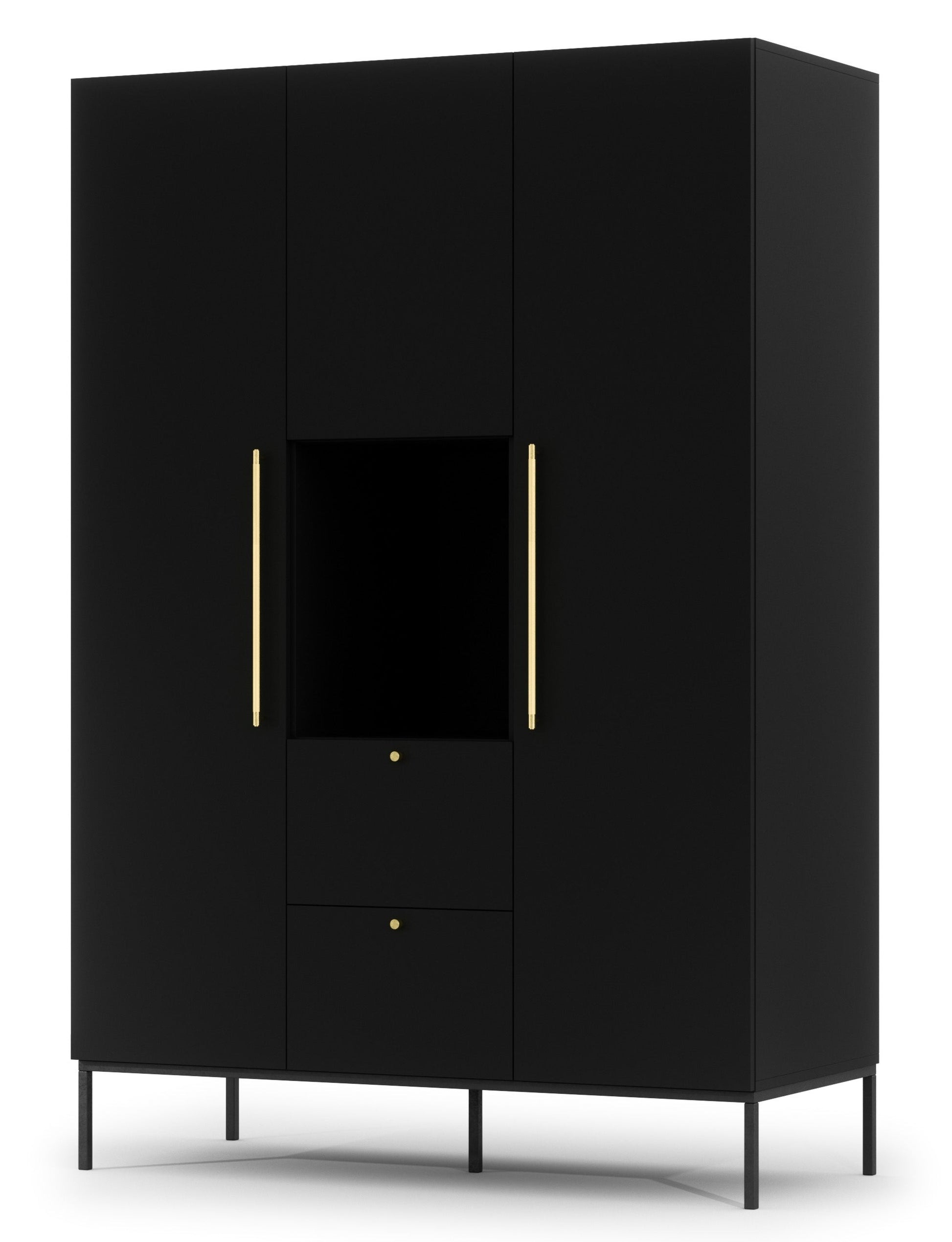 Szafa Lanzzi w czarnym macie na smukłych czarnych nogach, z trzema frontami drzwiowymi, centralną otwartą wnęką i dwiema subtelnymi szufladami pod nią.
