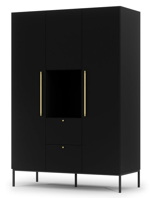Szafa Lanzzi w czarnym macie na smukłych czarnych nogach, z trzema frontami drzwiowymi, centralną otwartą wnęką i dwiema subtelnymi szufladami pod nią.
