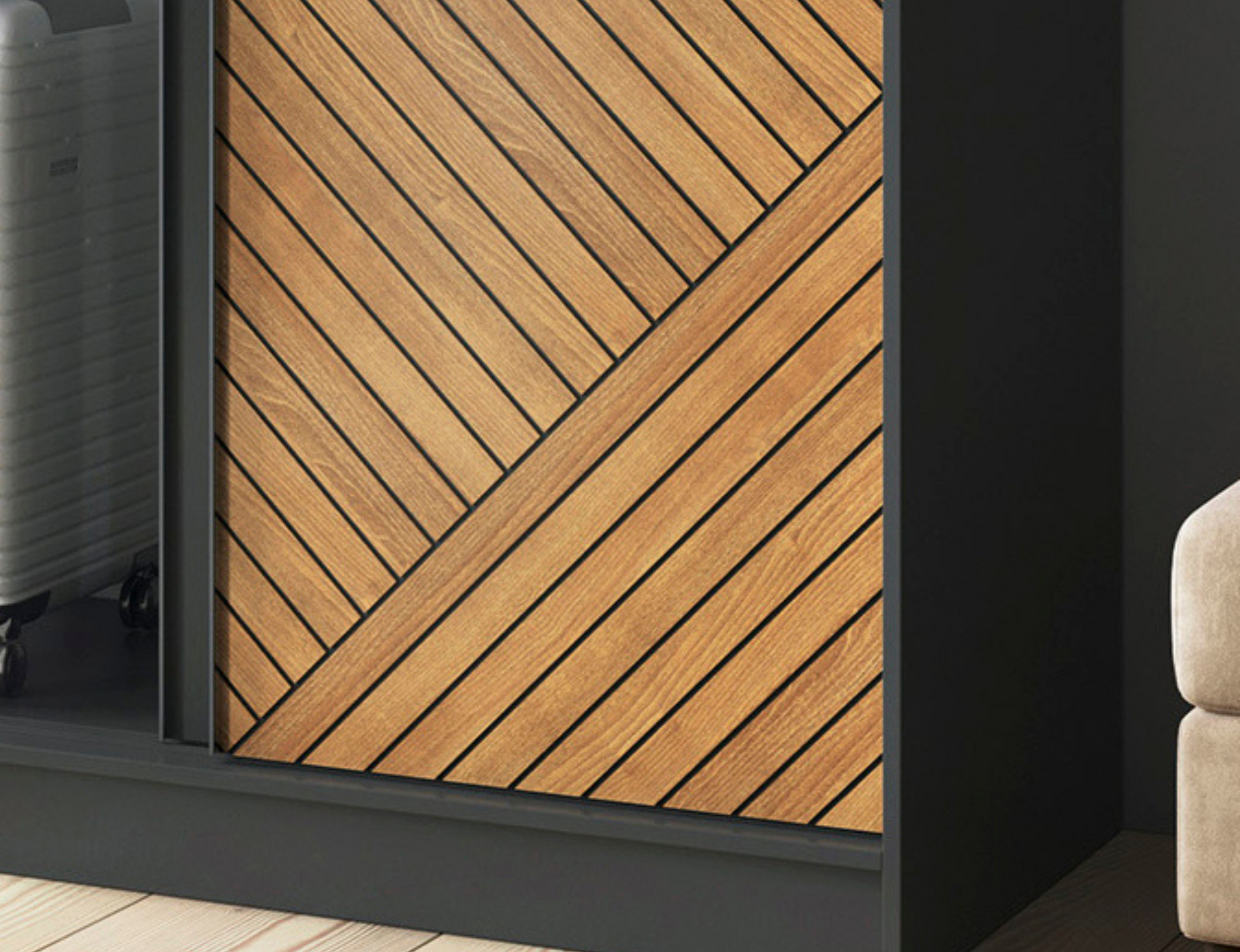Front szafy Marrphy II w kolorze czarny dąb caramel – elegancki wzór jodełki podkreślający nowoczesny styl