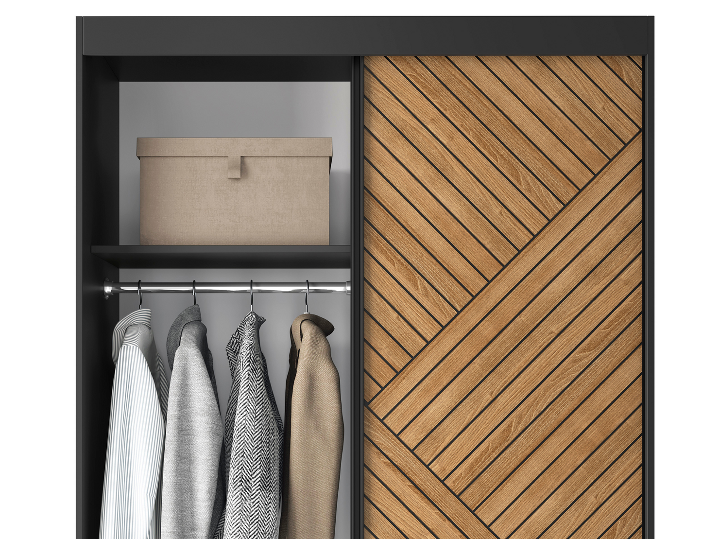 Szafa Marrphy II czarny dąb caramel – aranżacja wnętrza z półkami i drążkiem do przechowywania ubrań