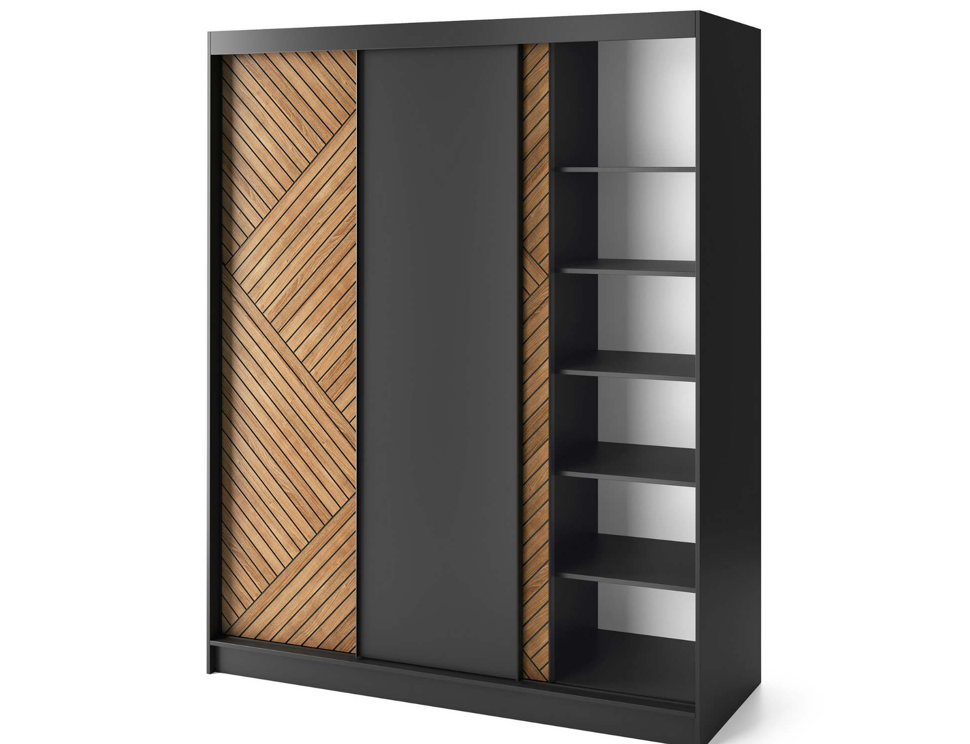 Pojemna szafa Marrphy III w kolorze czarny dąb caramel, z praktycznym systemem drzwi przesuwnych i eleganckim ryflowanym wzorem frontu.