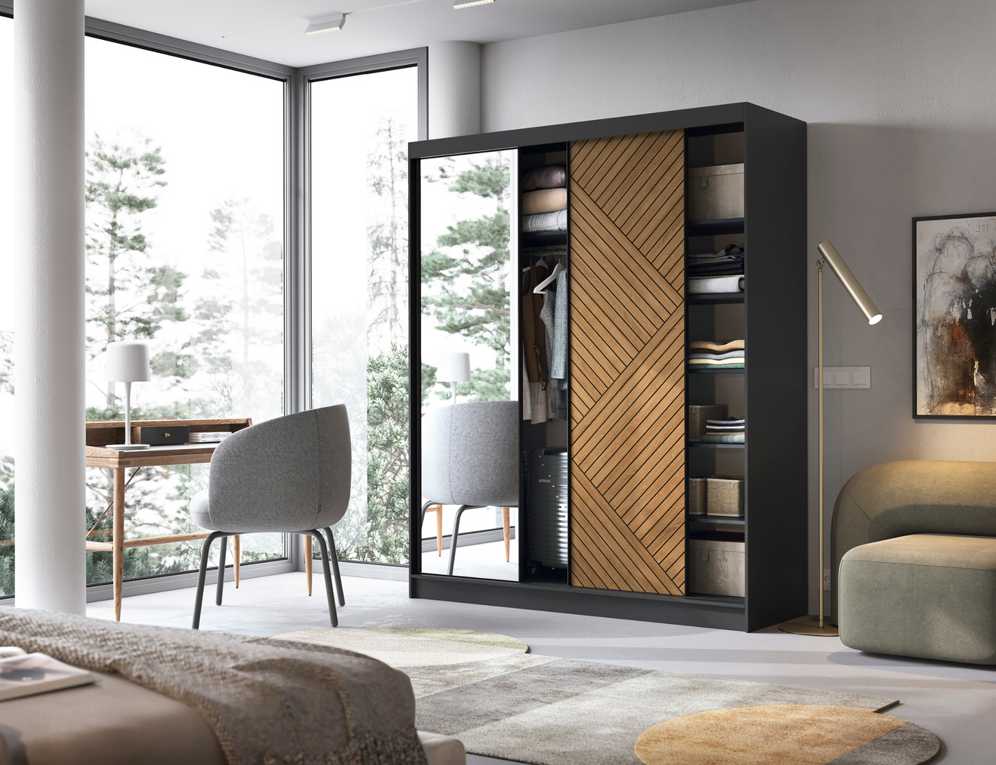 Otwarta szafa Marrphy z półkami, drążkiem i dużym lustrem, w kolorze czarny dąb caramel.