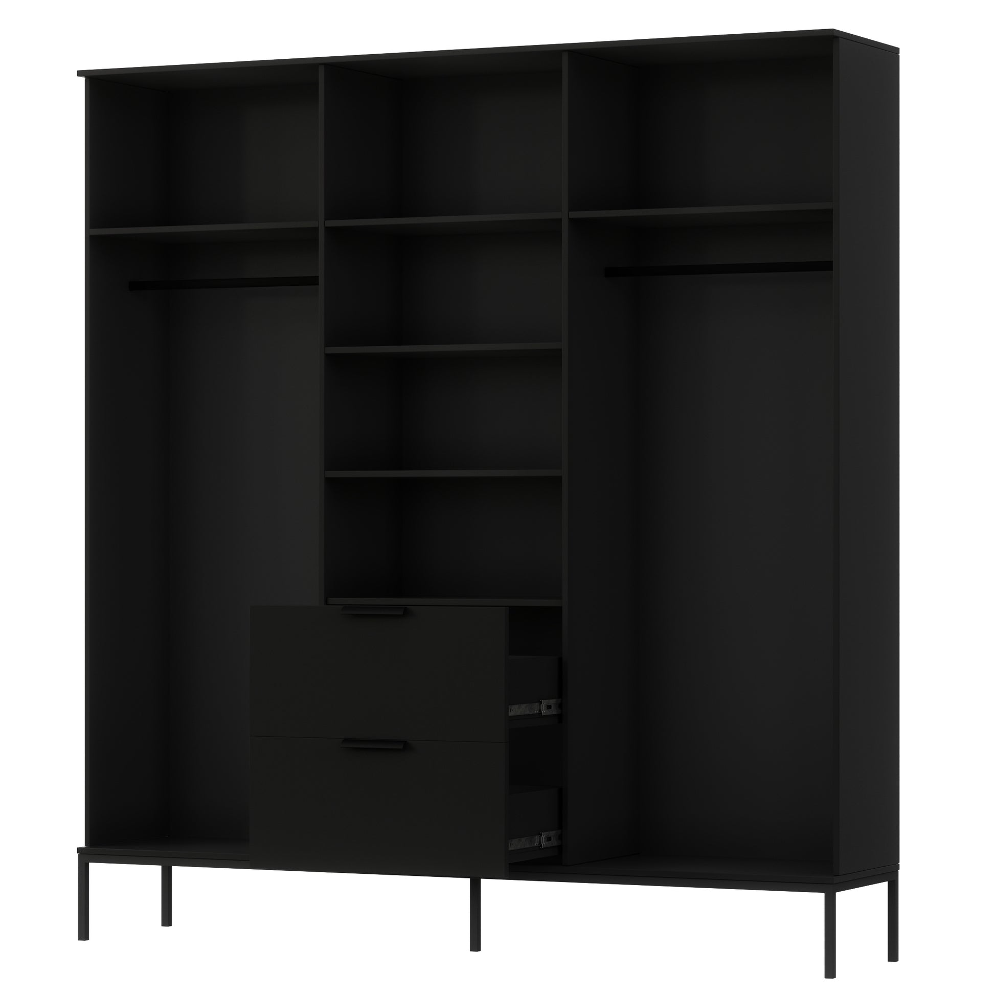 Front szafy Meorati – lamele, korpus czarny, dwie szuflady.