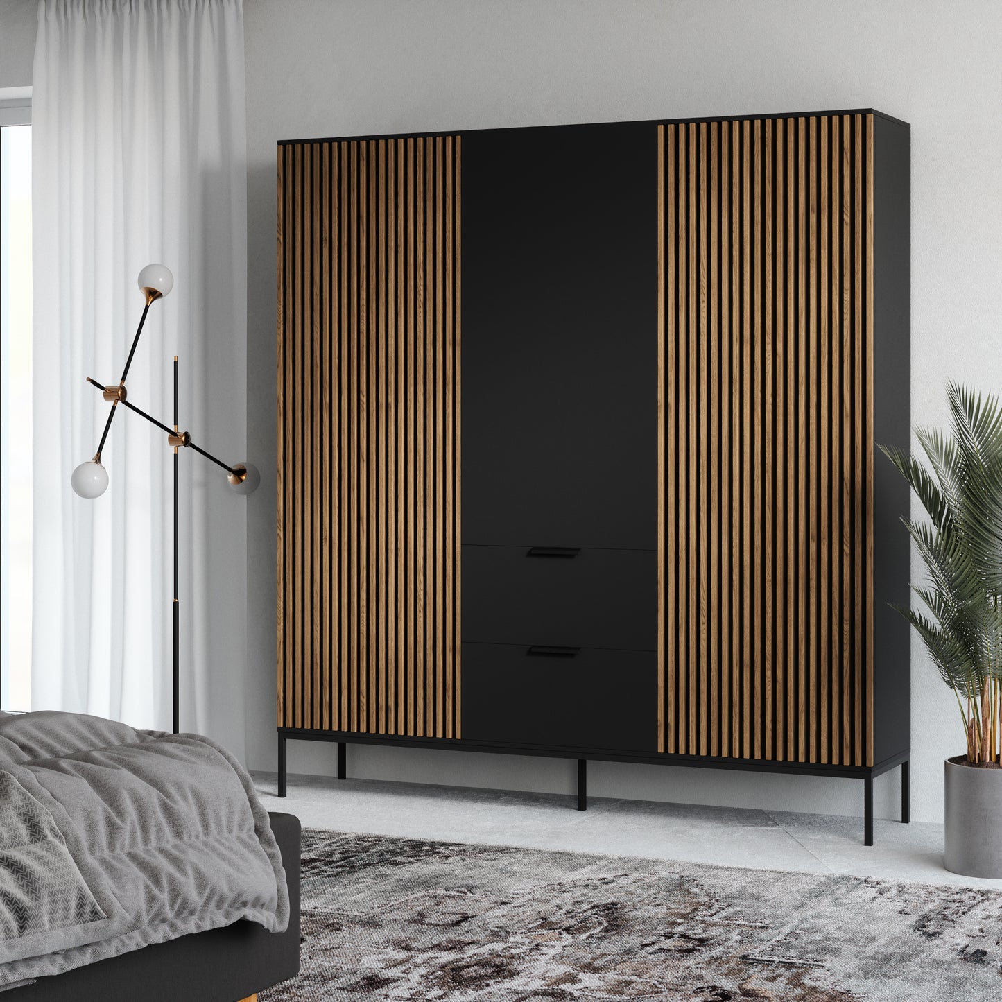 Szafa Meorati w aranżacji – lamele na froncie, półki, 2 szuflady.