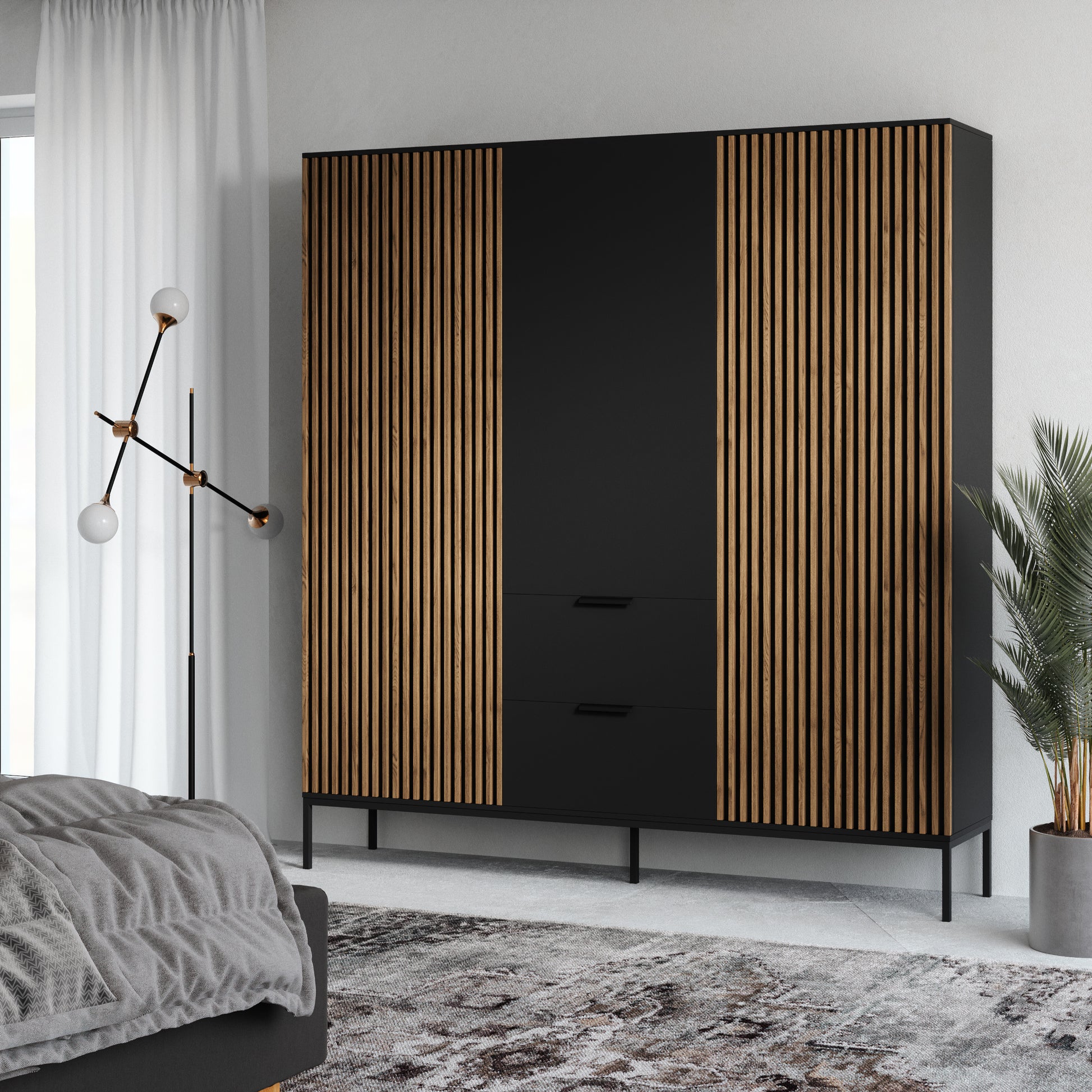 Szafa Meorati w aranżacji – lamele na froncie, półki, 2 szuflady.