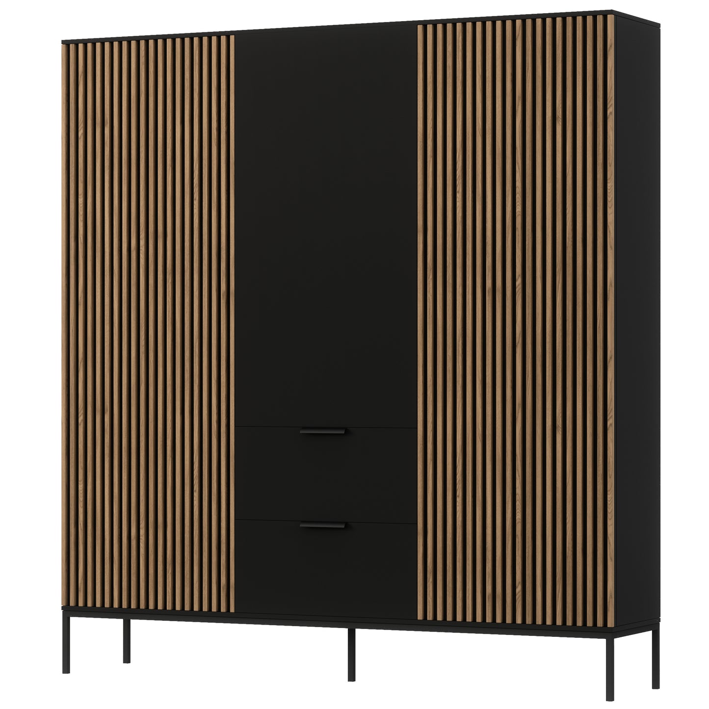 Szafa Meorati, front z lamelami; czarna z dębem artisan, dwie szuflady.