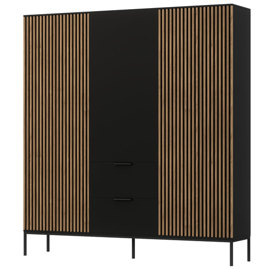 Szafa Meorati, front z lamelami; czarna z dębem artisan, dwie szuflady.