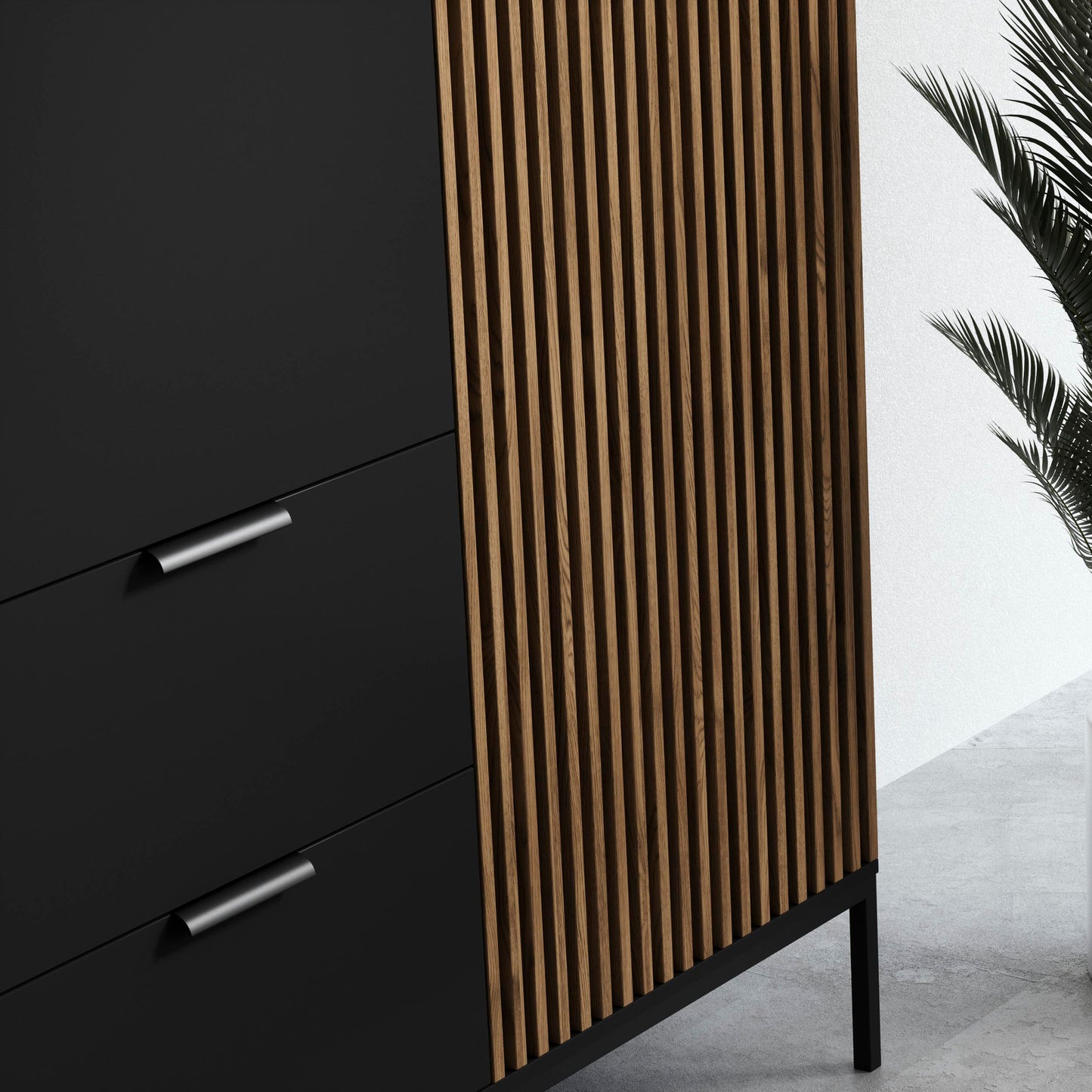 Lamele dąb artisan na czarnym froncie szafy Meorati – detal.