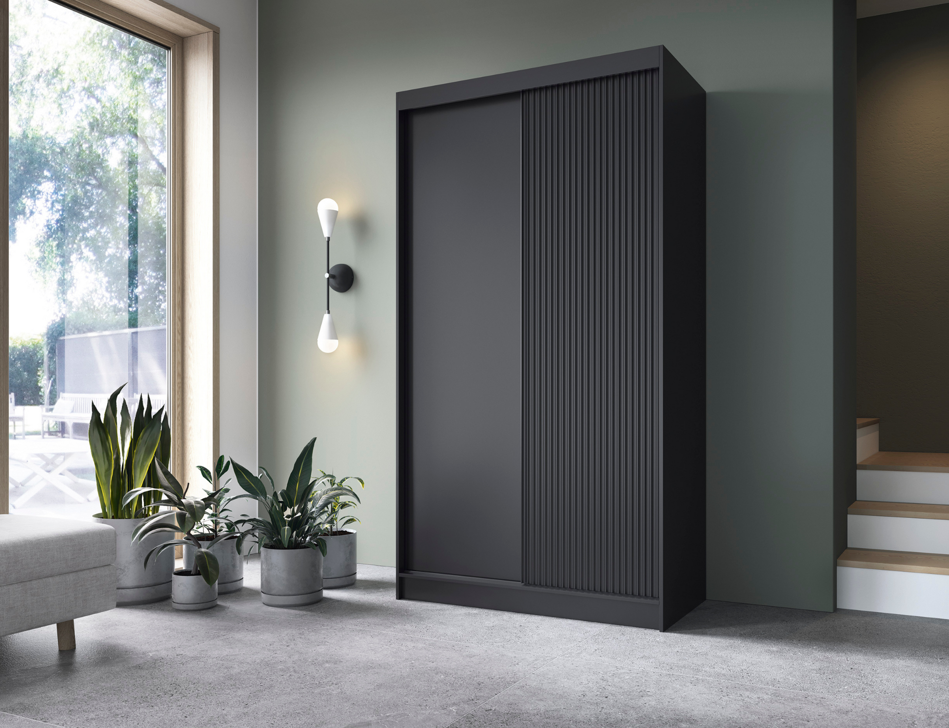 Szafa Prescco II czarny – elegancka bryła z ryflowanym frontem, nowoczesny design do stylowych wnętrz.