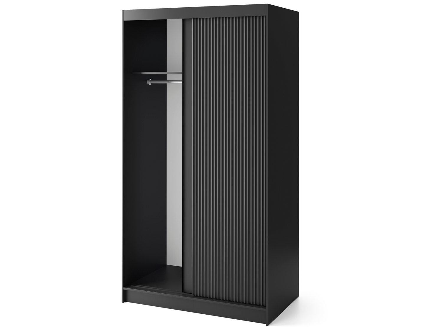 Szafa Prescco II czarny w nowoczesnym stylu, z ryflowanym frontem i przesuwanymi drzwiami.