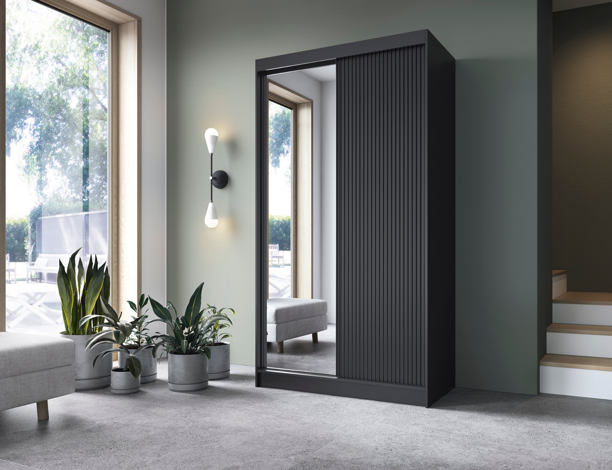 Szafa Prescco II czarny z lustrem, eleganckie wykończenie z pionowymi lamelami – nowoczesny design do sypialni lub salonu.