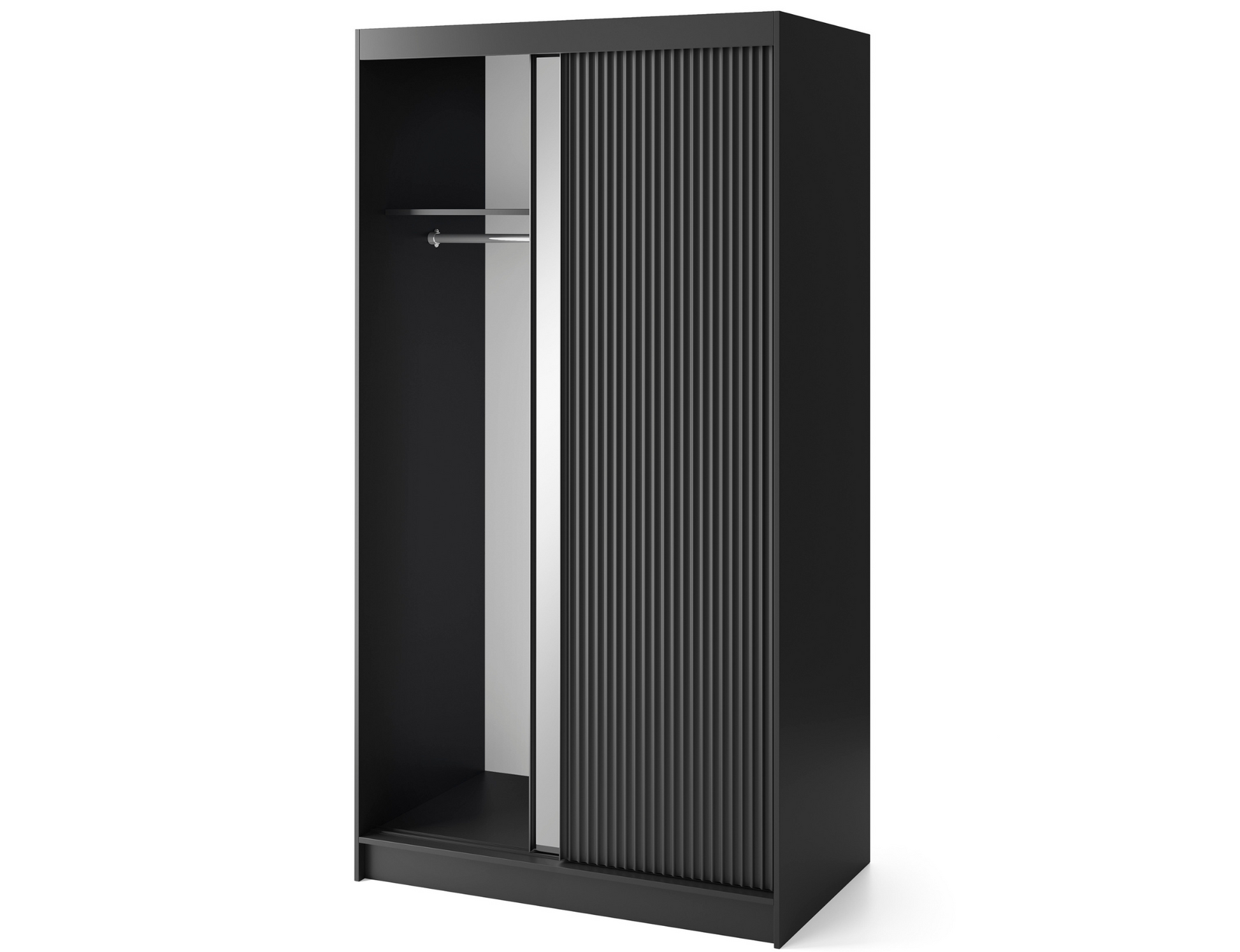 Czarna szafa Prescco II z lustrem, pionowe lamele na froncie i funkcjonalne wnętrze z półkami oraz drążkiem na odzież.