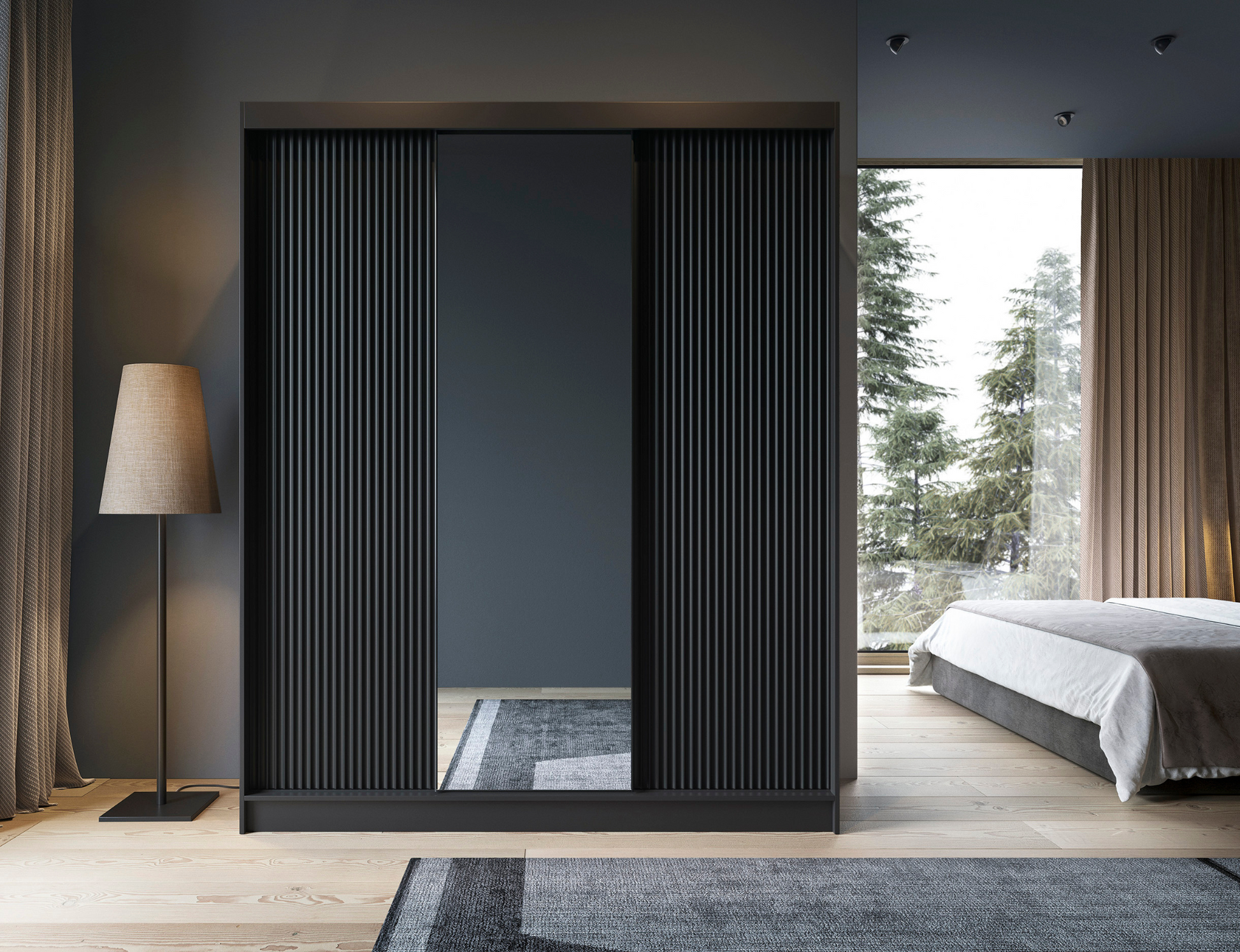 Szafa Prescco III czarna z lustrem, ryflowane fronty i centralne lustro, nowoczesny design.