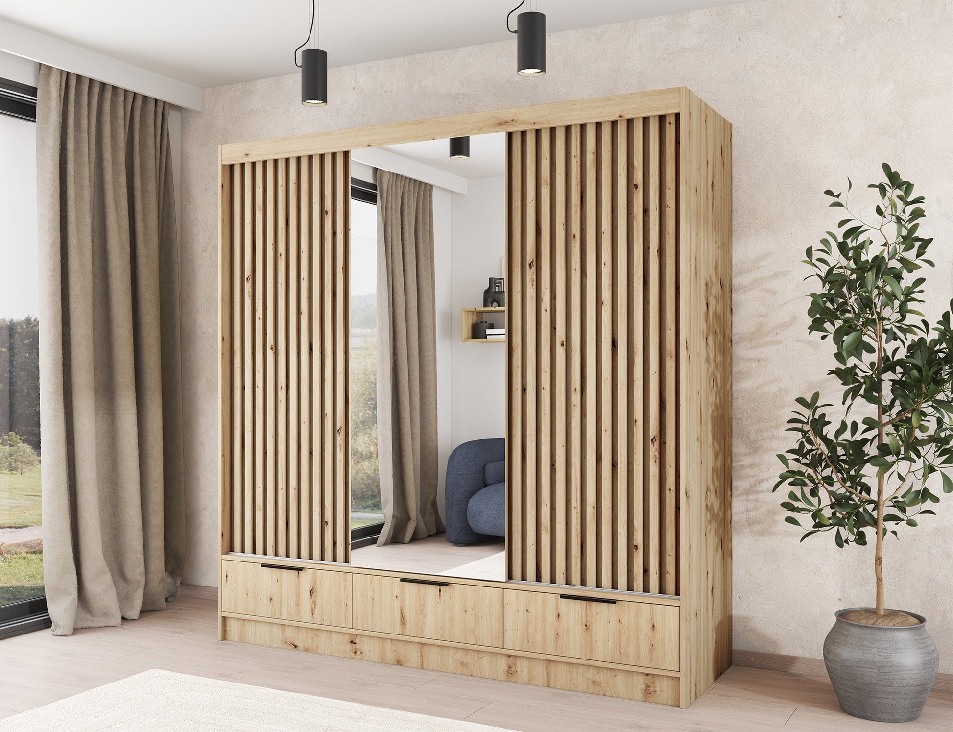 Szafa VOODI III z lustrem w aranżacji wnętrza, fronty z lamelami, dąb artisan, styl nowoczesny, przestronny pokój dzienny