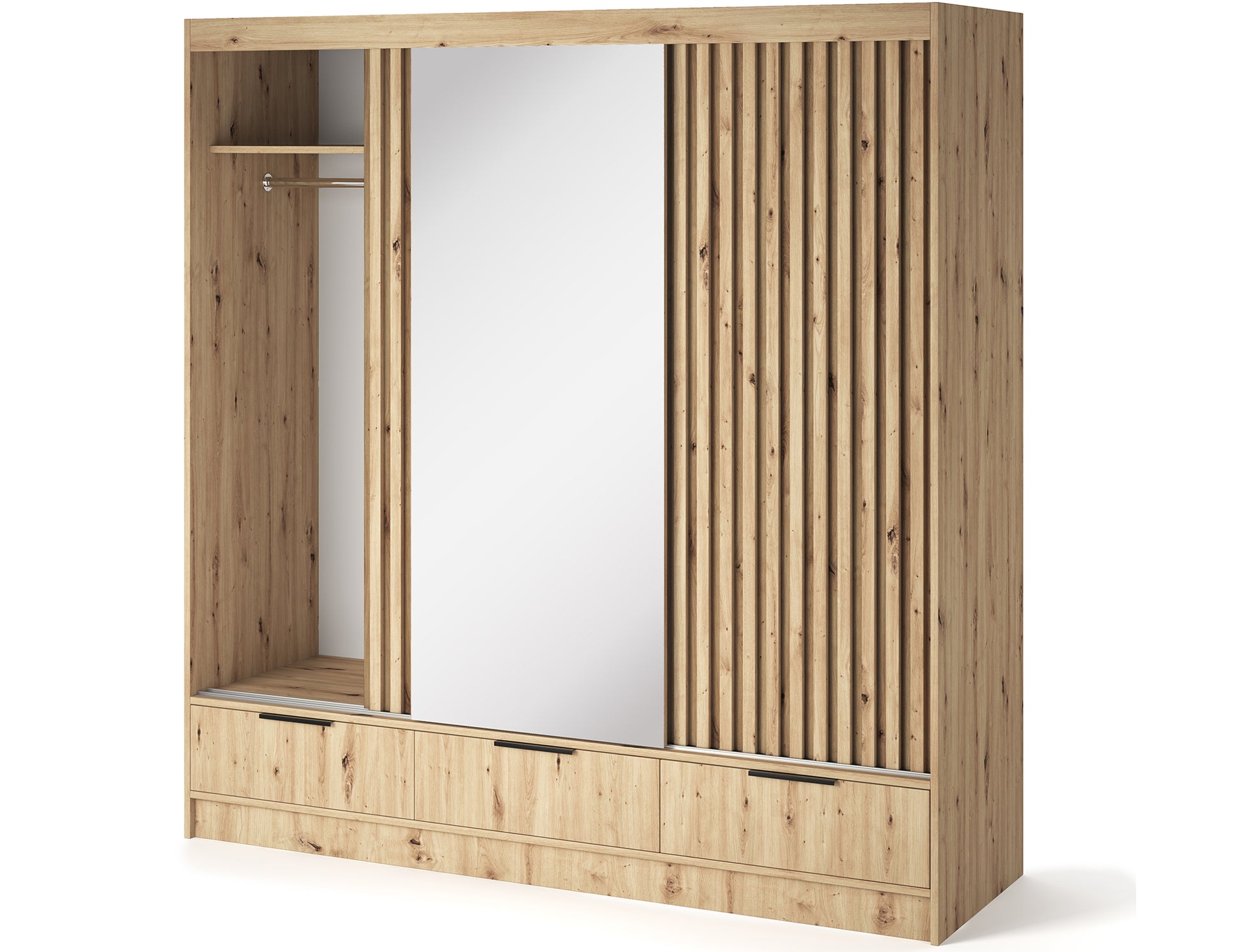 Szafa VOODI III z lustrem i drążkiem na ubrania, front z lamelami w kolorze dąb artisan, praktyczne wnętrze i nowoczesny wygląd