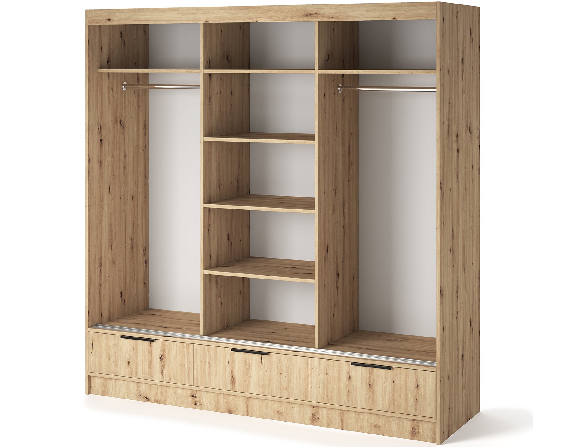 Szafa VOODI III z funkcjonalnym wnętrzem – półki i dwa drążki na ubrania, nowoczesny design, wykończenie w kolorze dąb artisan