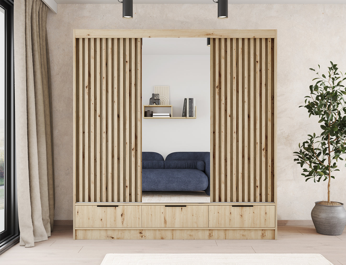 Szafa VOODI III z lustrem na froncie, lamele w dekorze dąb artisan, styl nowoczesny, w aranżacji jasnego i przytulnego wnętrza