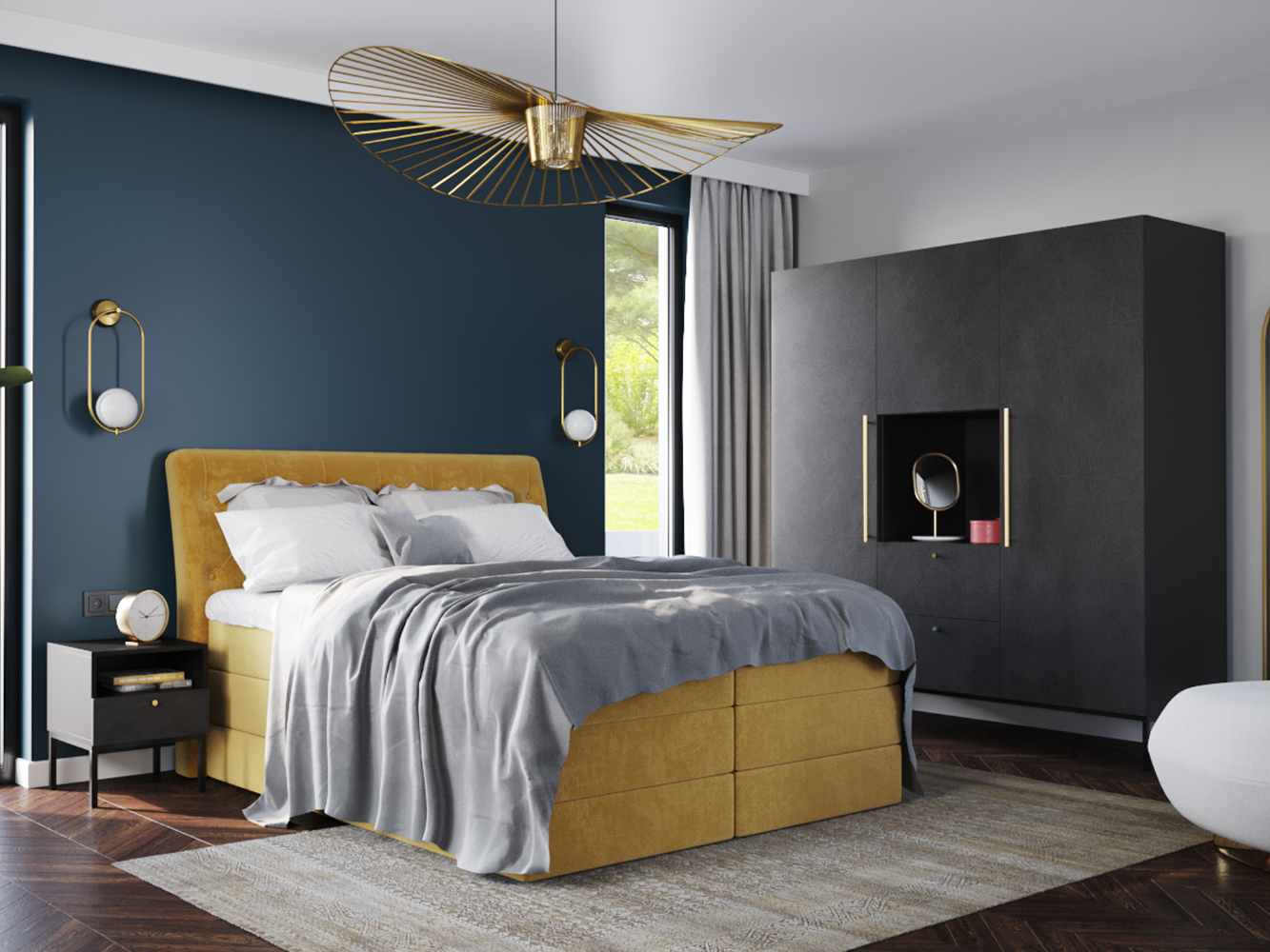 Nowoczesna sypialnia z łóżkiem i po przeciwnej stronie czarną szafką nocną Lanzzi, obok której stoi wysoka szafa w antracytowym wykończeniu i dekoracyjne oświetlenie, tworząc spójny, stonowany wystrój.