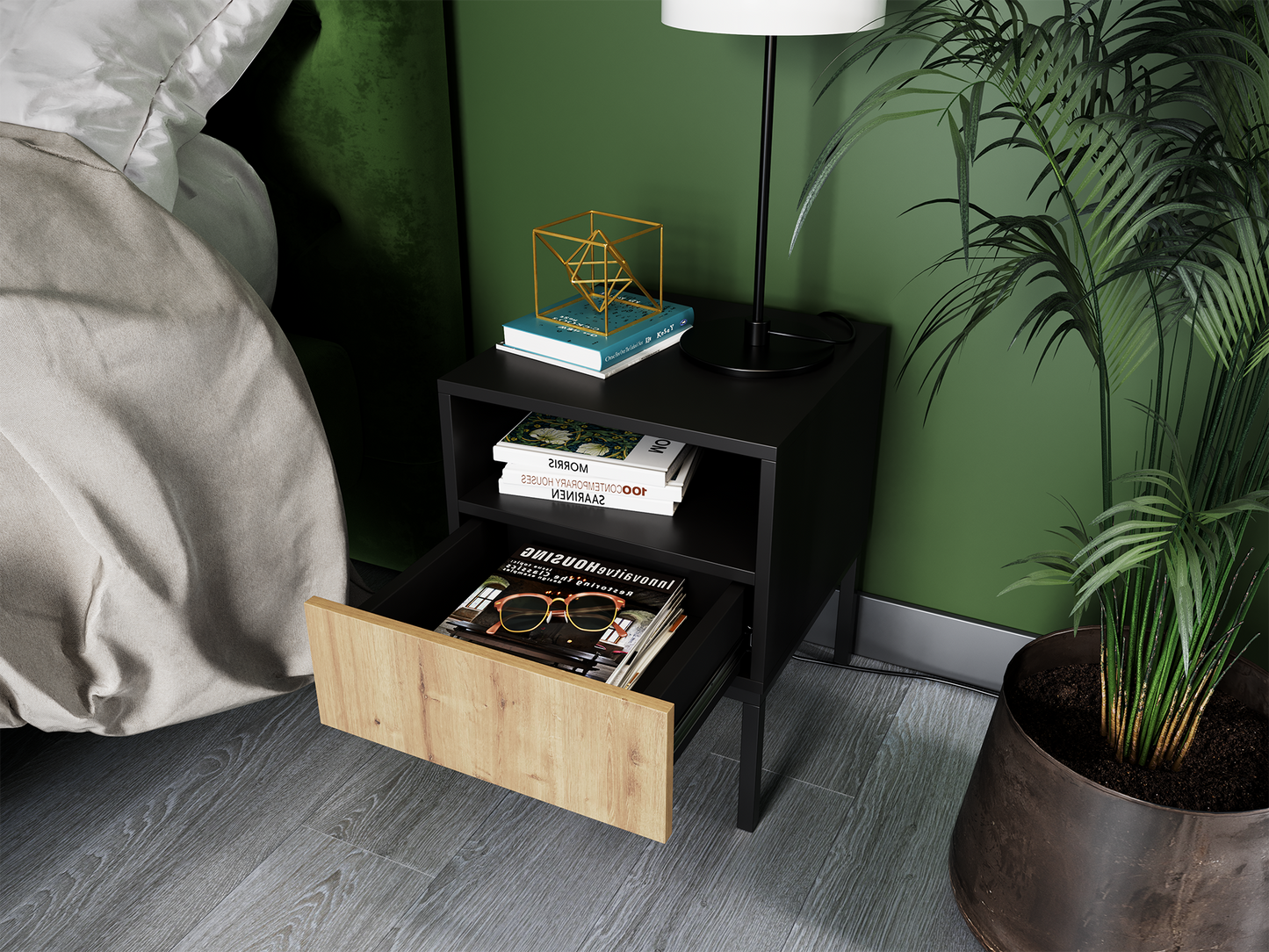 Zbliżenie na otwartą szufladę nocnej szafki Lanzzi w kolorze Dąb Artisan/Czarny mat, w której widać wnętrze z magazynami, uchwyt schowany za drewnianym frontem oraz czarną ramę nośną.