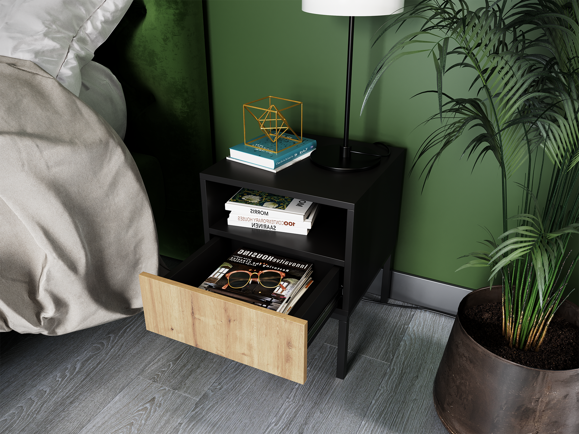 Zbliżenie na otwartą szufladę nocnej szafki Lanzzi w kolorze Dąb Artisan/Czarny mat, w której widać wnętrze z magazynami, uchwyt schowany za drewnianym frontem oraz czarną ramę nośną.
