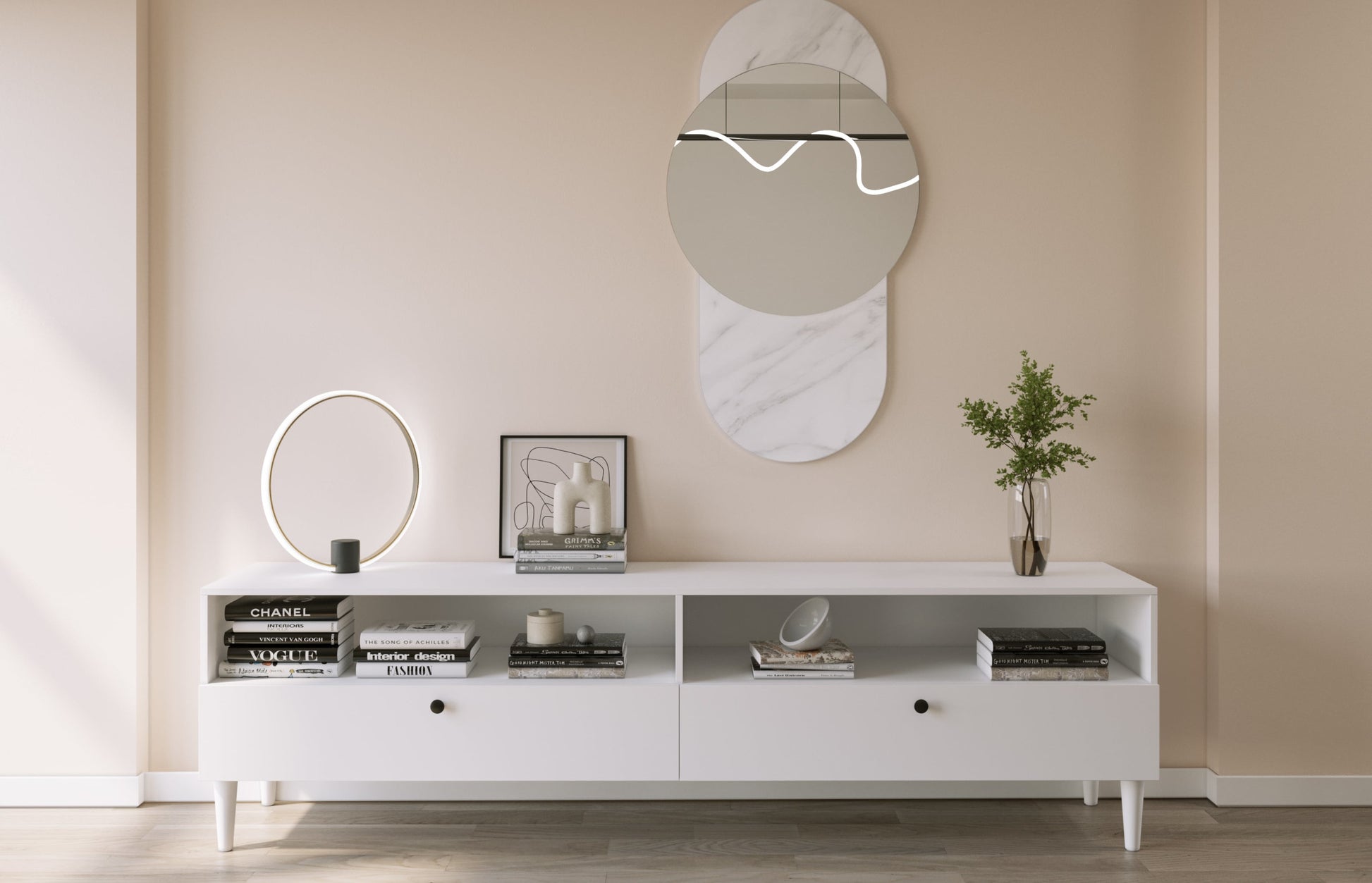 Szafka RTV Dullum jako element dekoracyjny w salonie z lustrem i designerskimi dodatkami – funkcjonalny i estetyczny mebel.