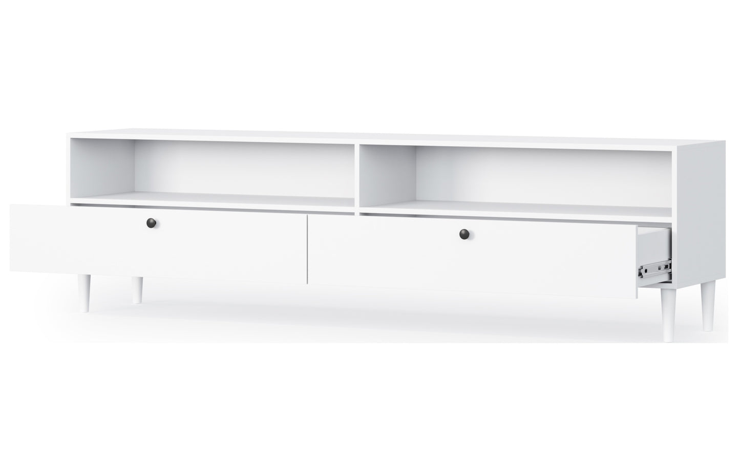 Szafka RTV Dullum z jedną wysuniętą szufladą, pokazana pod kątem – widoczna konstrukcja i prowadnice.