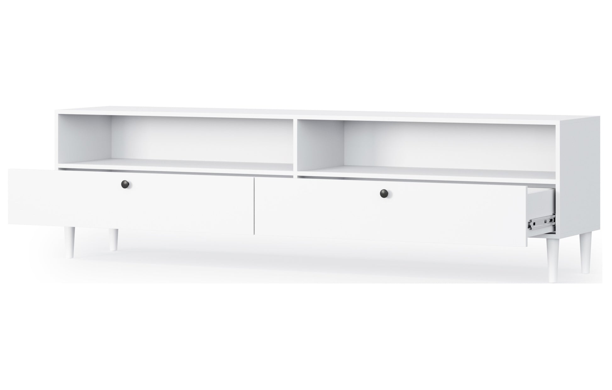 Szafka RTV Dullum z jedną wysuniętą szufladą, pokazana pod kątem – widoczna konstrukcja i prowadnice.