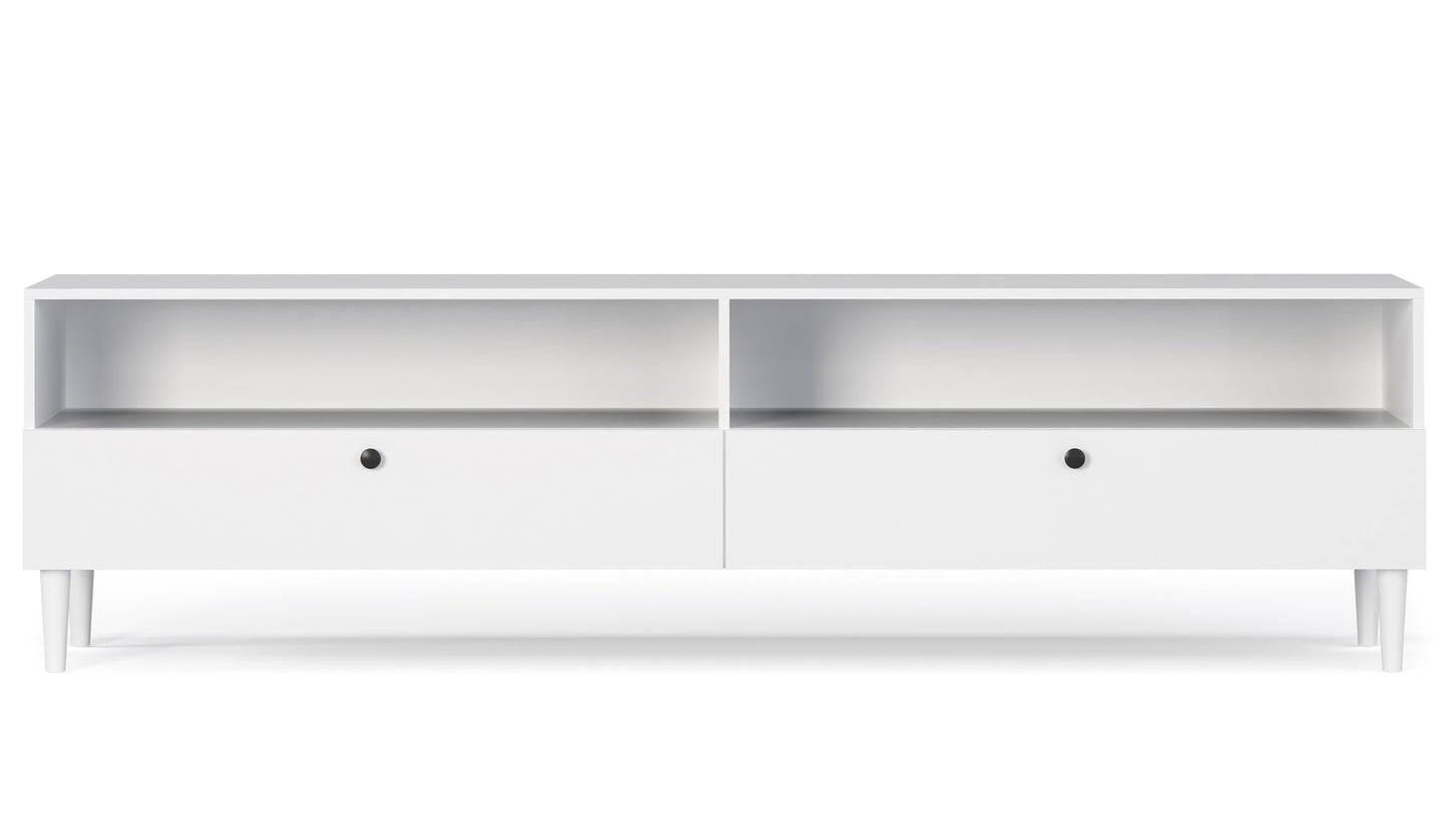 Szafka RTV Dullum z dwoma otwartymi wnękami i szufladami, kolor biały, widok frontalny na białym tle.