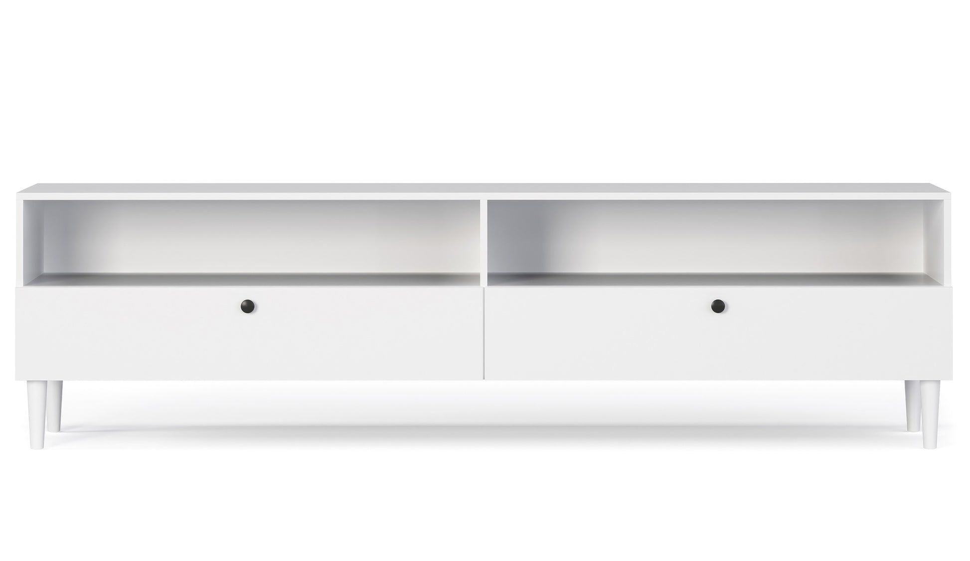 Szafka RTV Dullum z dwoma otwartymi wnękami i szufladami, kolor biały, widok frontalny na białym tle.