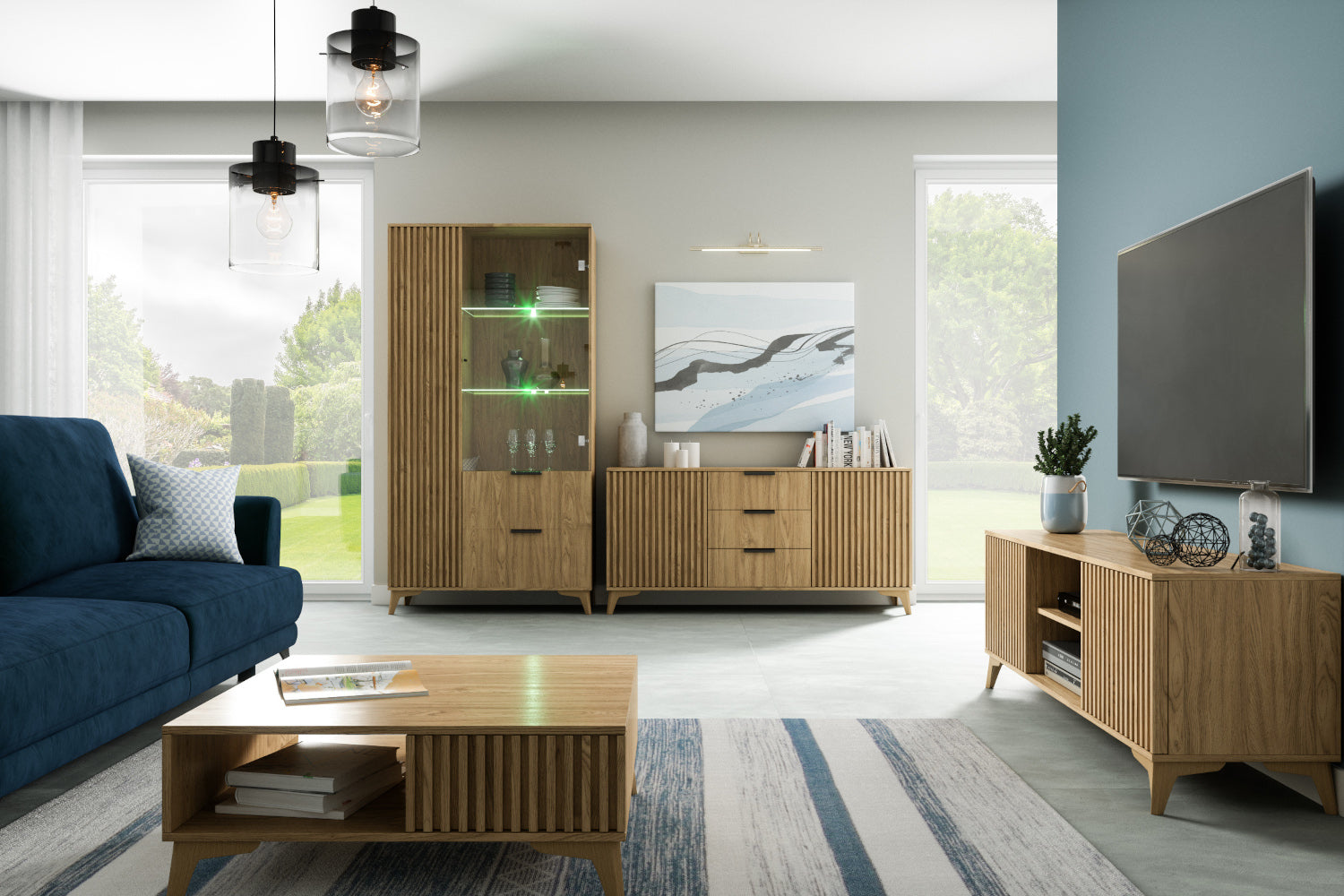 Szafka RTV Entsian w szerokim kadrze – wnęka, schowki, lamele.