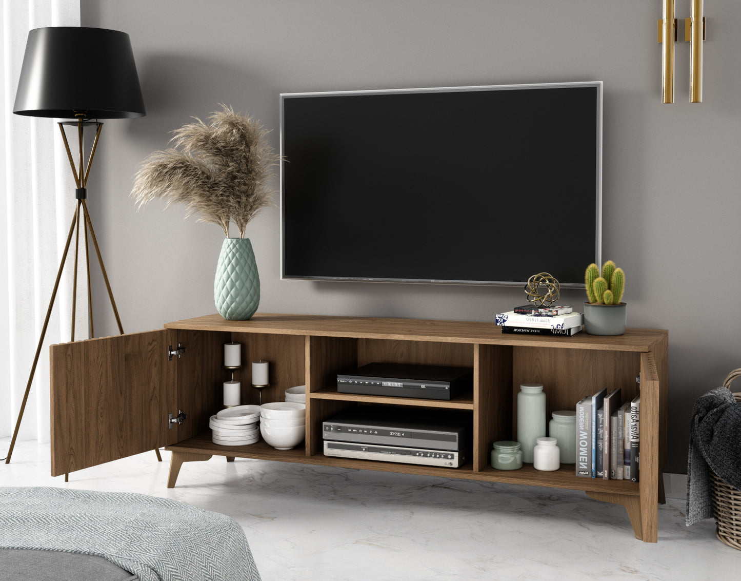 Szafka RTV Entsian z telewizorem – półprofil, wnęka i schowki.