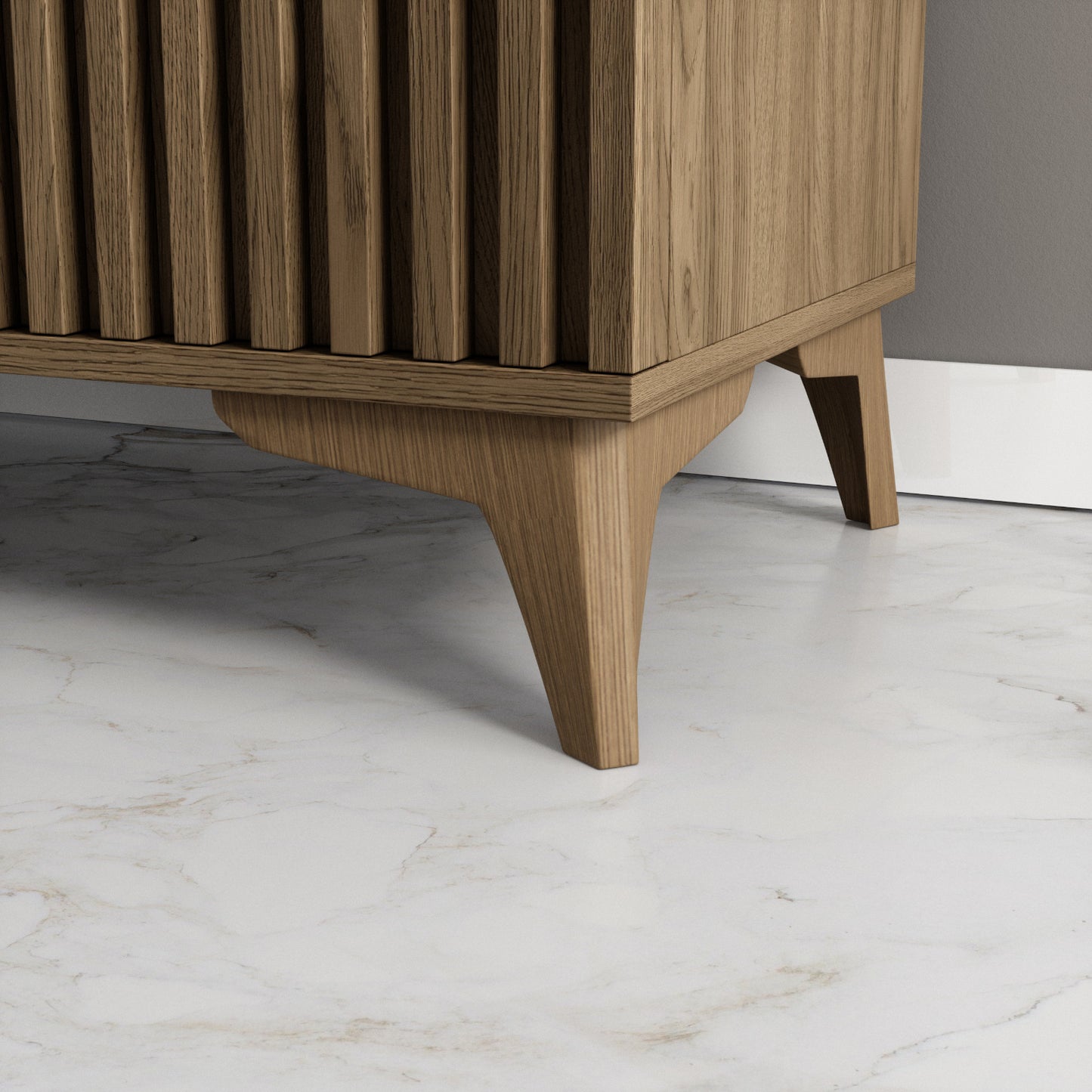 Noga szafki RTV Entsian i lamelowy front – detal.