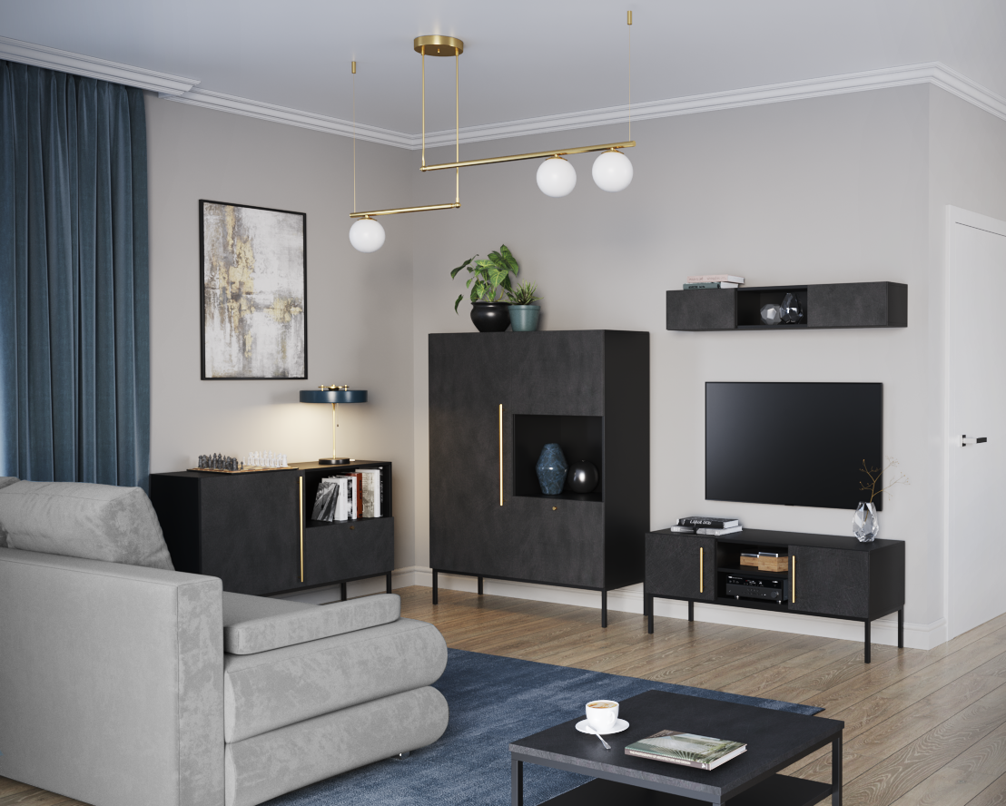 Eleganckie wnętrze z czarną matową kolekcją mebli Lanzzi: wysoka szafka, wisząca półka i szafka RTV pod telewizorem.